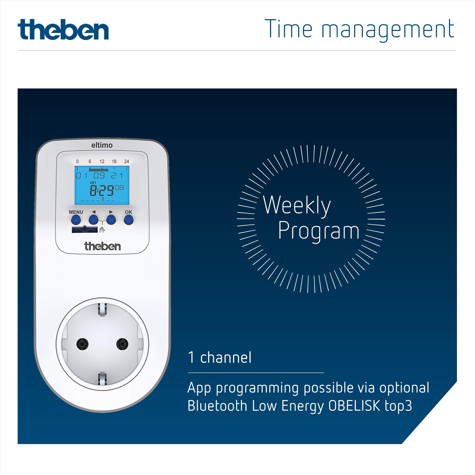 Theben 0200130 Eltimo 020 top3 cyfrowy zegar sterujący z gniazdkiem elektrycznym z programem tygodniowym, programator czasowy, opcjonalne programowanie przez Bluetooth