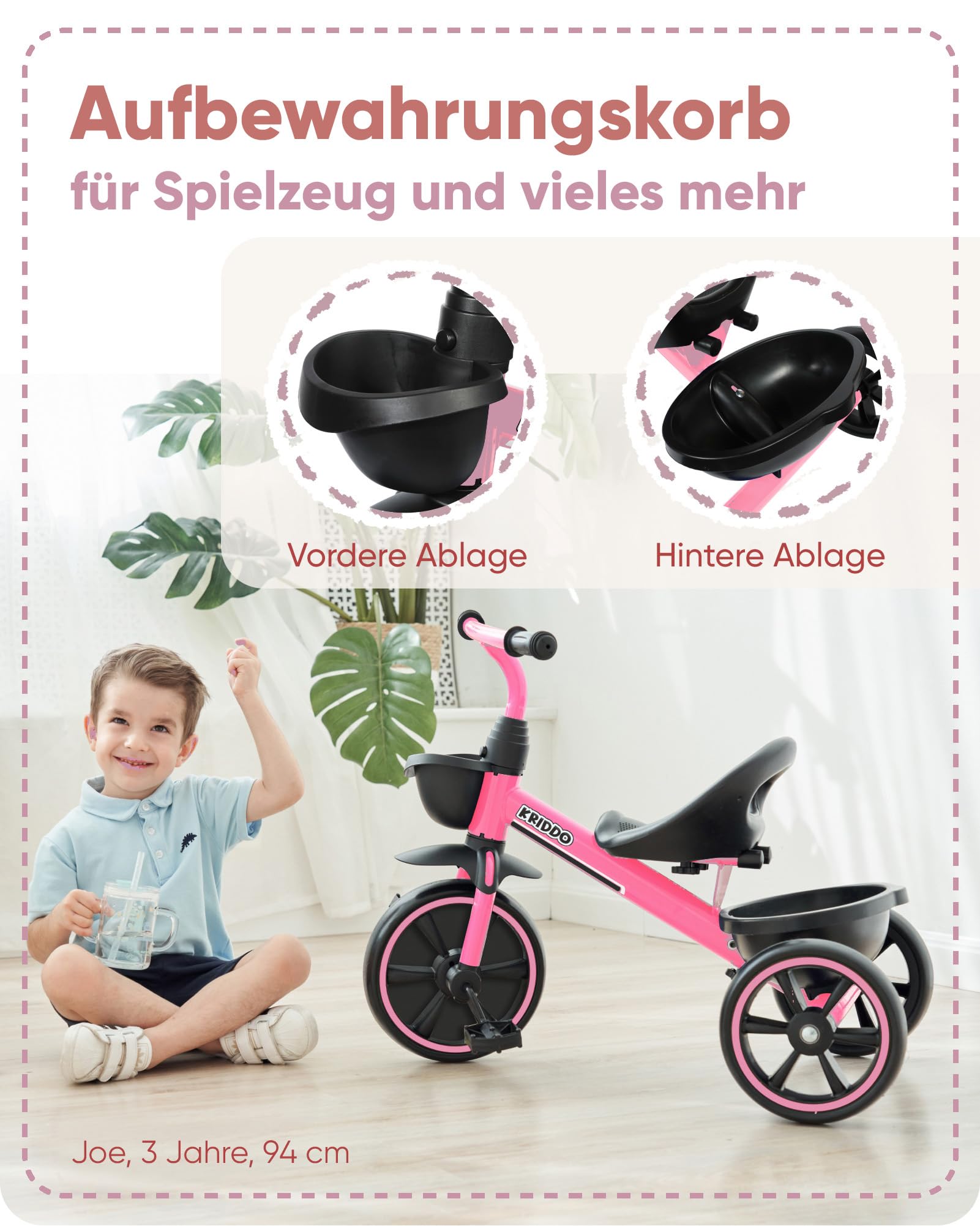 KRIDDO Dreirad ab 2 Jahre, Dreirad für Kinder von 24 Monate bis 5 Jahre, Kinderdreirad Lauflernhilfe, Geschenk für Kleinkinder von 2-4 Jahren, Dreiräder, Rosa