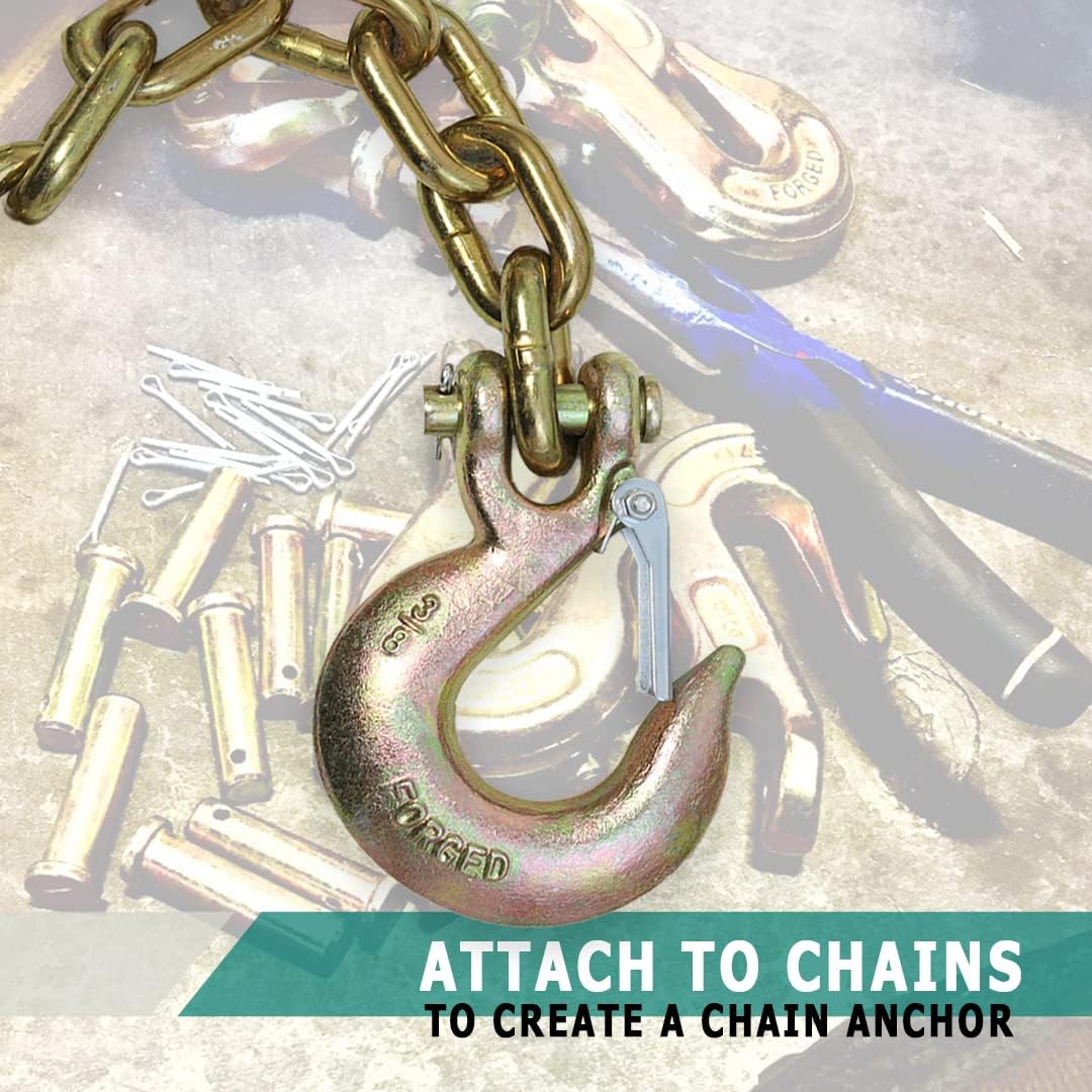 Boxer 2 Pack - 3/8” Grade 70 Forged Clevis Slip Hook with Safety Latch, 21,600lbs Breaking Strength Heavy Duty Chain Hooks, Transport and Towing Trucks