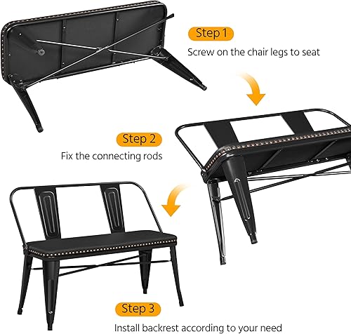 Miniatura 7 de Yaheetech Banco de comedor de granja, banco de metal industrial con asiento tapizado y respaldo extraíble para entrada, jardín, patio trasero, color