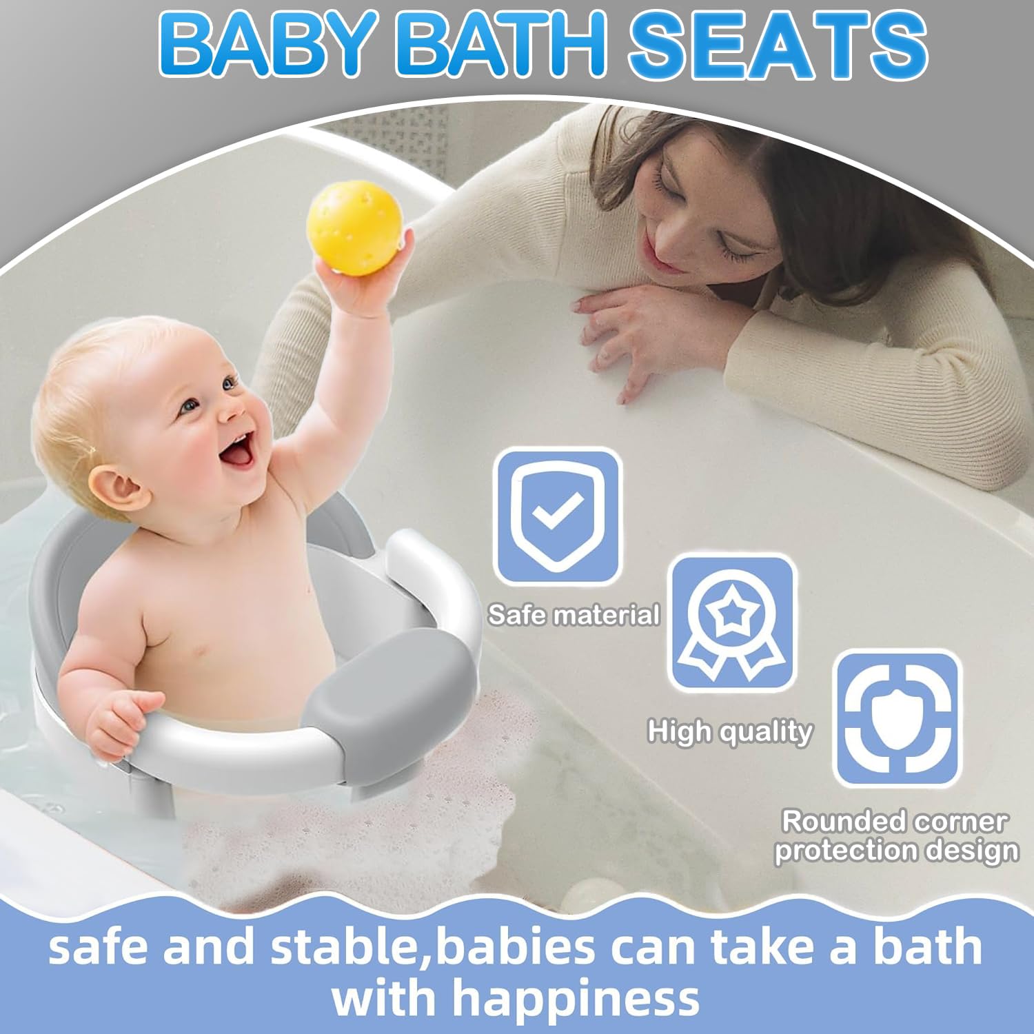 Baby Bath Seat for Babies 6 Months & Up, Toddler Bath Seats for Babies Sitting Up, Non-Slip Infant Bath Tub Chair with Suction Cups & Soft Cushion for Shower, Compact Toddler Bathtub Seat, Grey