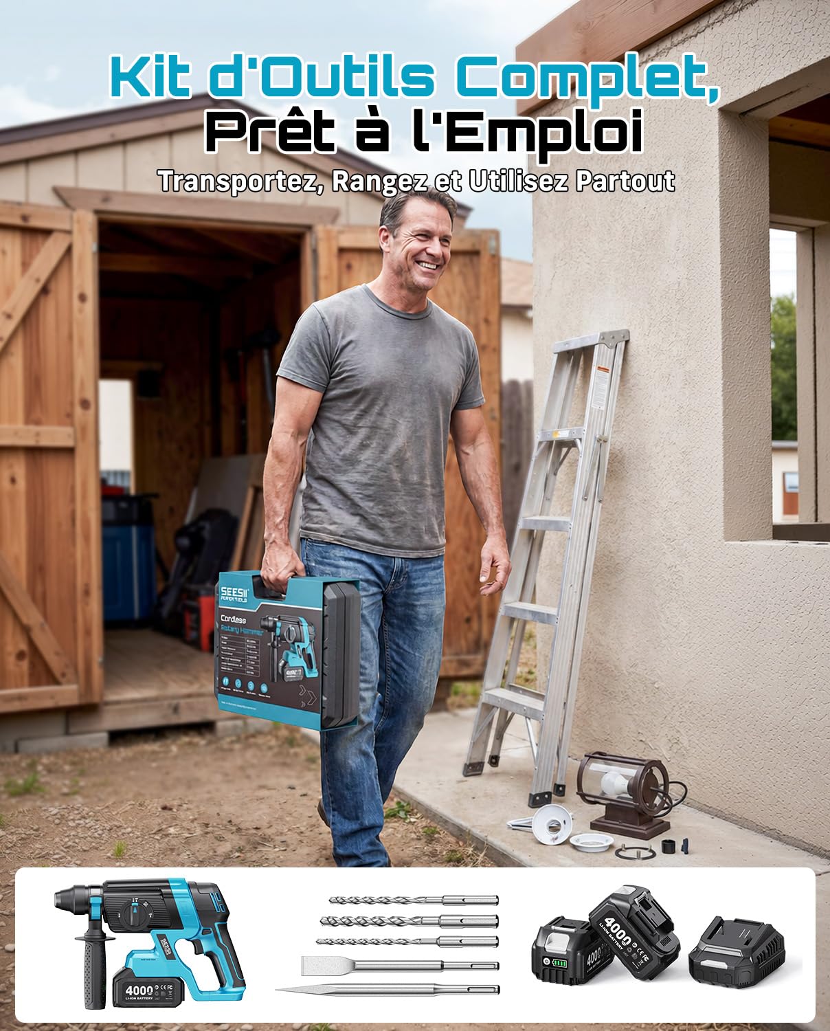 SEESII 2,8J Marteau Perforateur Sans Fil, SDS Plus, Moteur Brushless, 4 en 1 avec 2 Batteries 4.0Ah (Compatible avec les batteries Makita 18 V), pour Béton et Rénovation, avec Forets, Burins