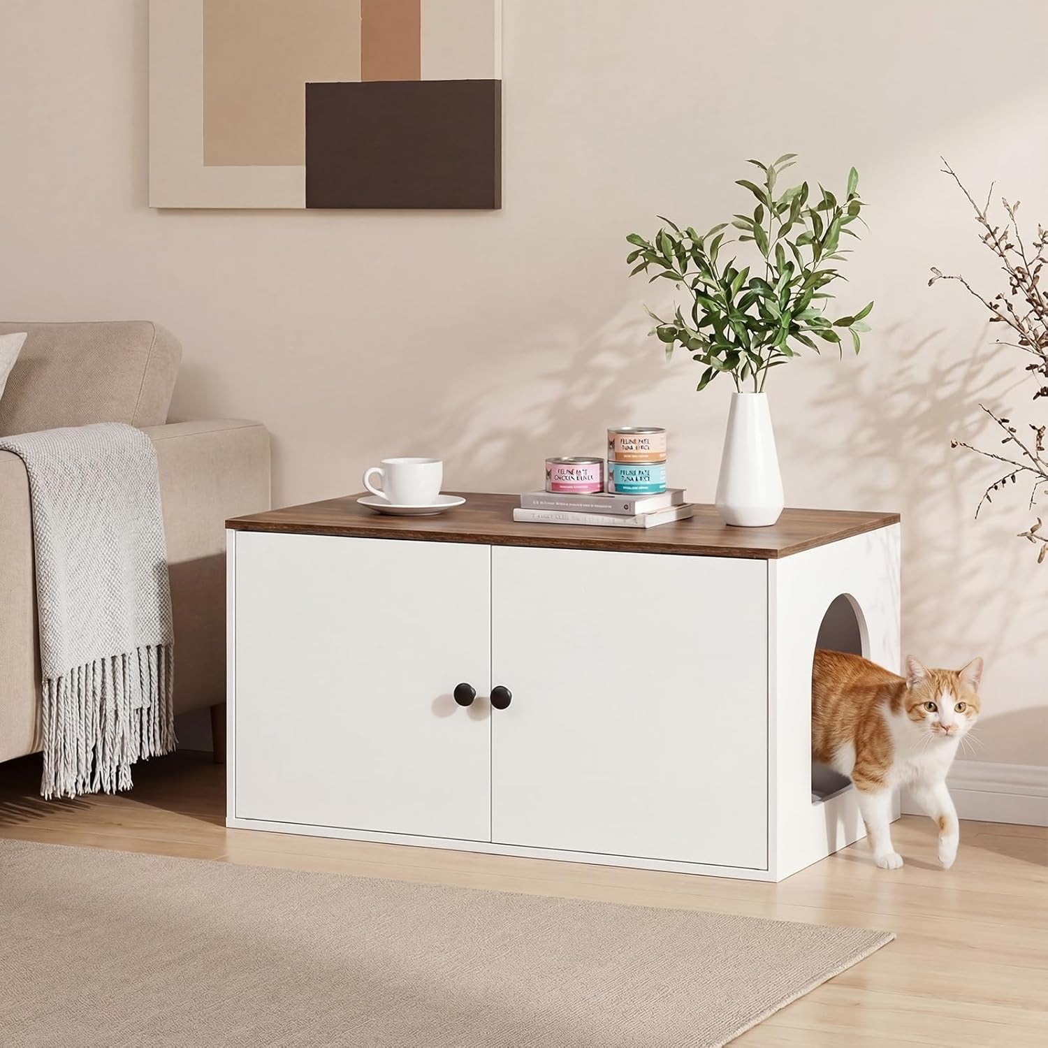 HOOBRO Cat Litter Box Enclosure Bundle, Hidden Litter Box Furniture with Side Entry, Litter Box Cabinet, 2 in 1 Hidden Litter Box Furniture with Shelf, BG78MW01-WH40MW01