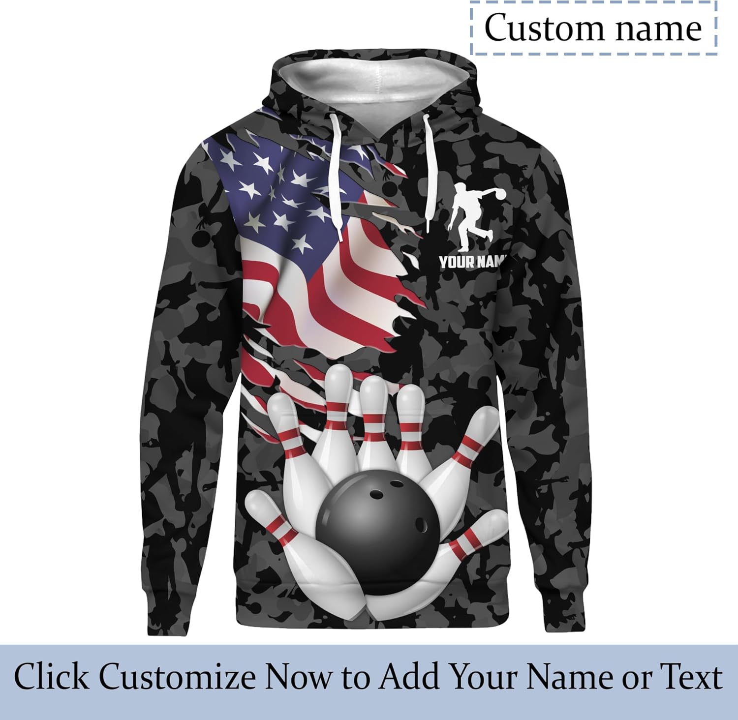 Unisex Bowling Hoodie Custom Usa Camouflage Bowling Lover Long Sleeve Shirt Print Bowling Related Clothes