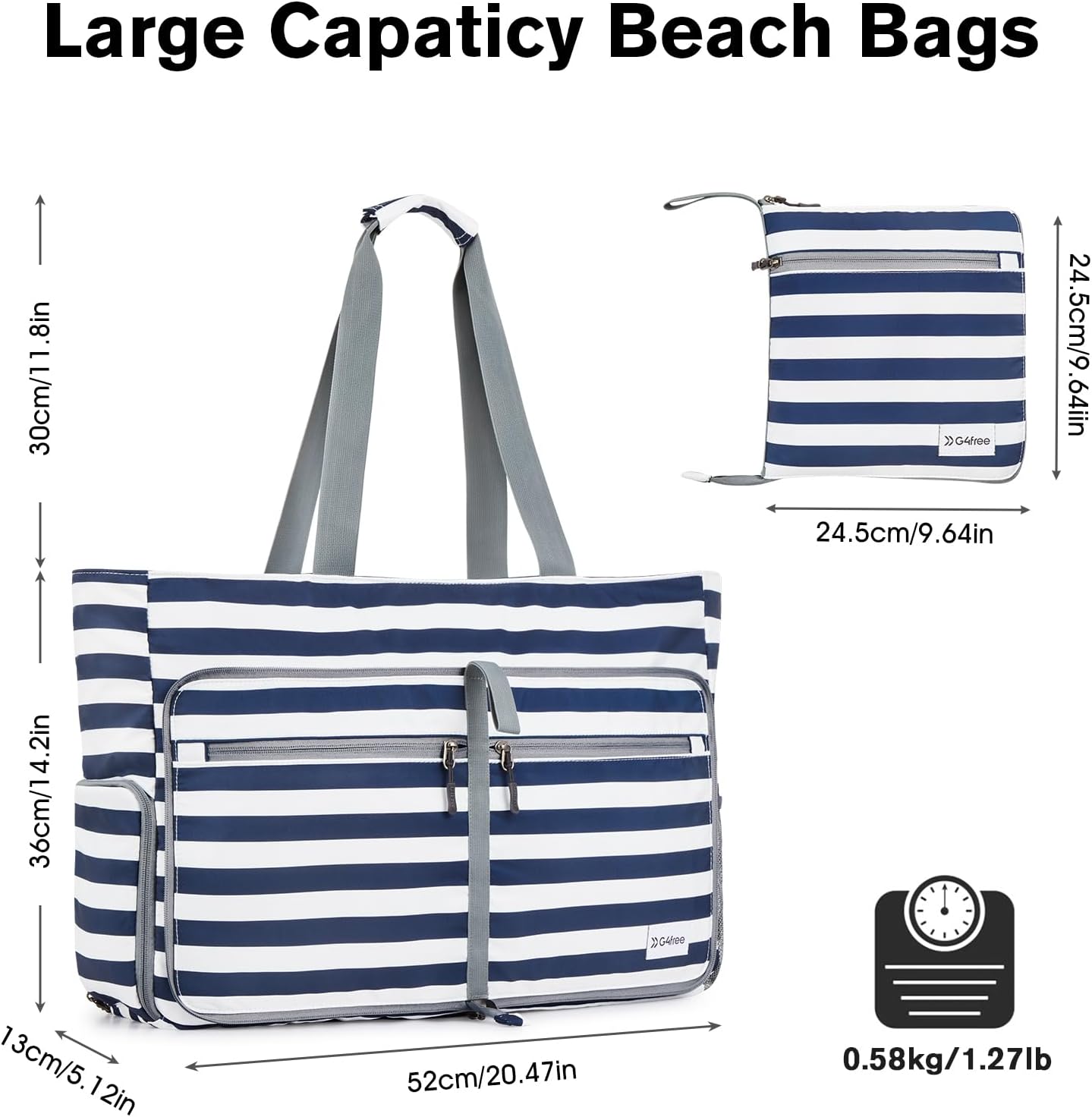 G4Free Large Beach Bag, Foldable Tote with Zipper, Waterproof Sandproof Pool Bag - Image 6