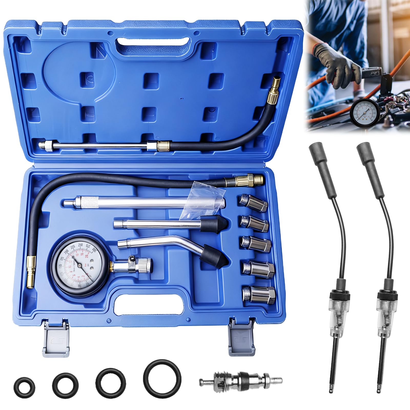 Zestaw 13 testerów kompresji, samochodowy tester kompresji do silnika benzynowego, 0-300 psi/0-20 bar, miernik ciśnienia w cylindrze z testerem świec zapłonowych