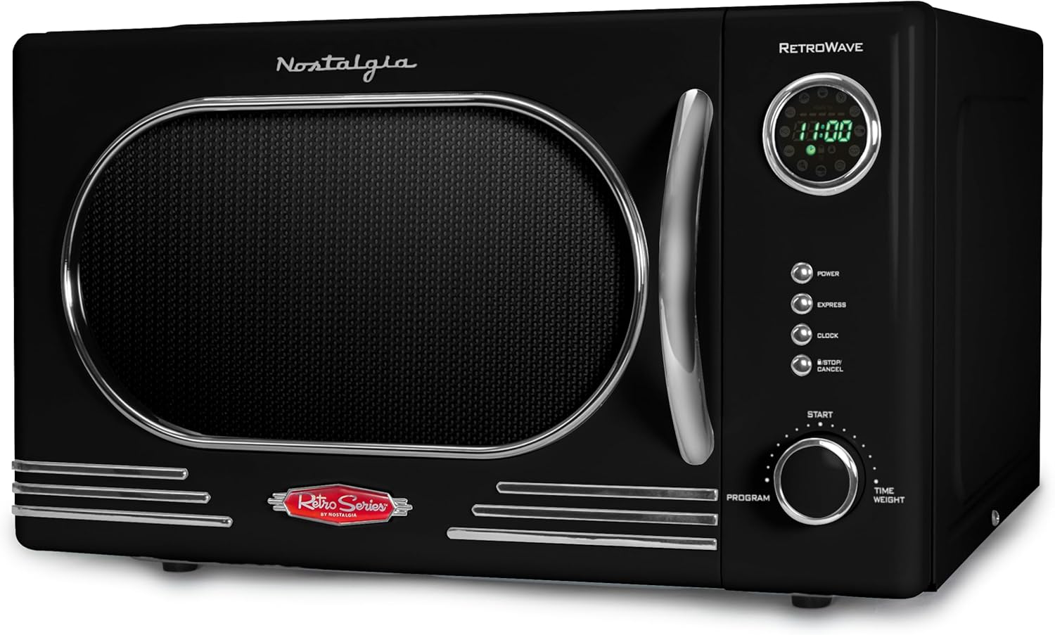 Nostalgia NRMO11BK6A 1000 Watt Power Retro Countertop Microwave Oven Easy to Clean with Removable Glass Turntable-Child Safety Lock-12 Programs-Digital Clock, 1.1 Cu. Ft, Black Retro Classic 1.1 Cu. Ft. Black
