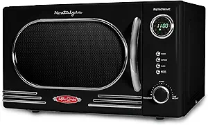 Nostalgia NRMO11BK6A 1000 Watt Power Retro Countertop Microwave Oven Easy to Clean with Removable Glass Turntable-Child Safety Lock-12 Programs-Digital Clock, 1.1 Cu. Ft, Black