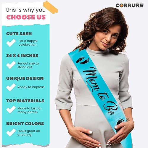 Miniatura 3 de CORRURE Baby Shower Mom to Be - Faja para niño o niña - Hermosa cinta azul y texto de lámina negra - Revelación de género ideal recuerdos de baby