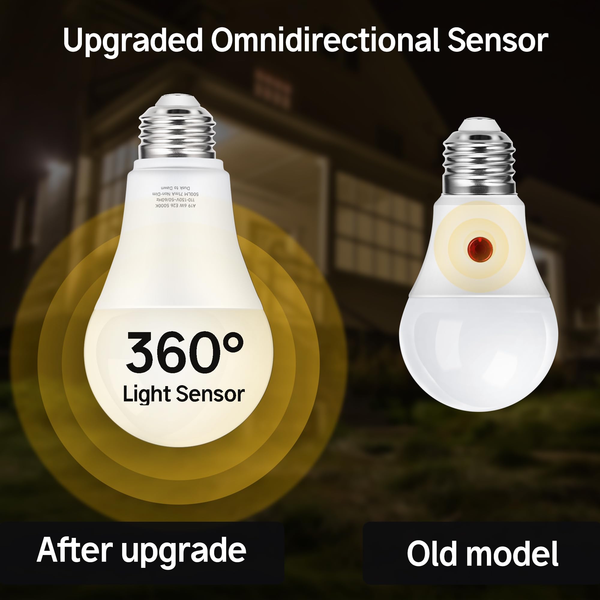 Żarówki zmierzchu do świtu, odpowiednik 40 W LED czujnik oświetlenia zewnętrznego, żarówka LED, ciepła biel, 3000 K, podstawa A19 E26, 6 W, automatyczne włączanie/wyłączanie, żarówki nocne