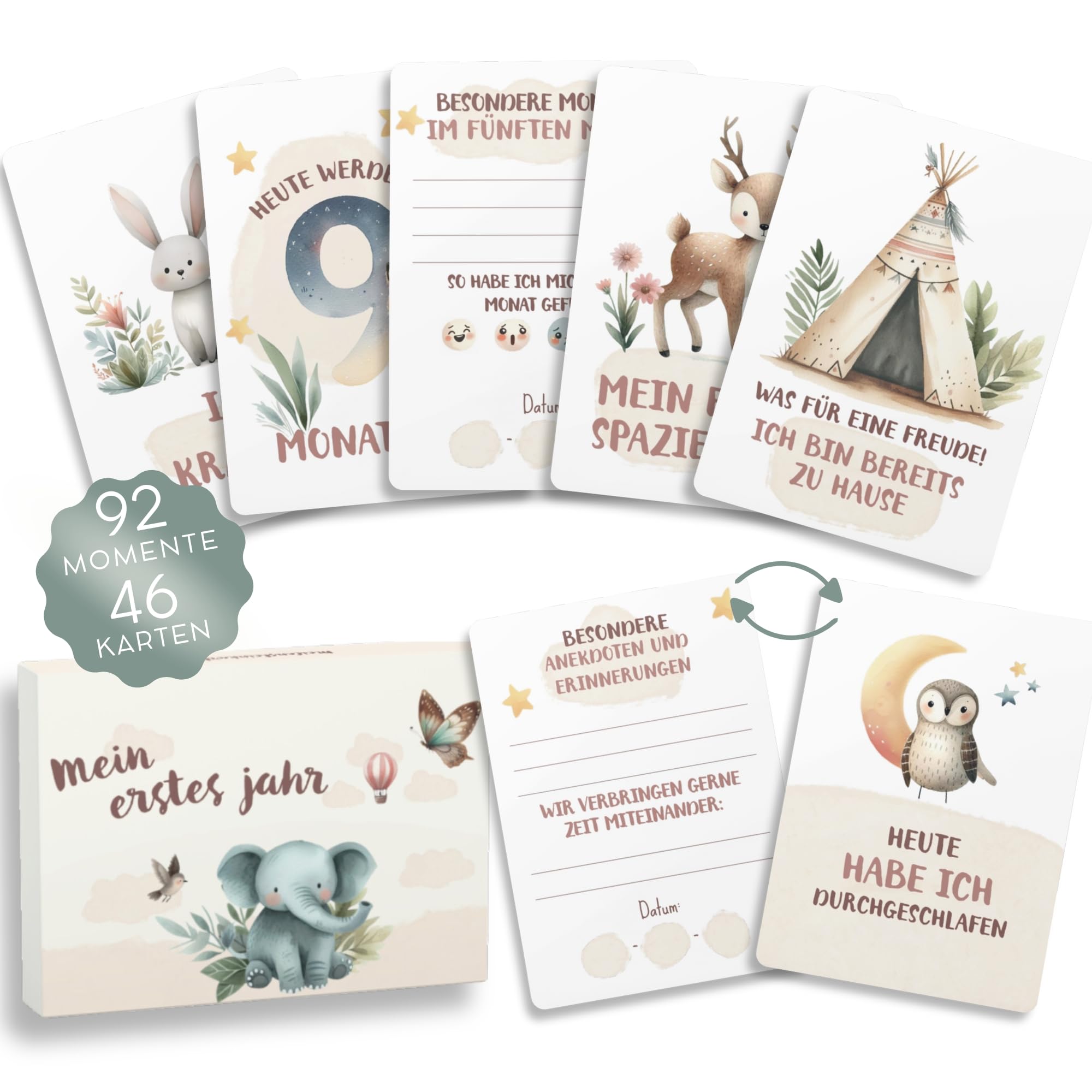 HuBorns - Meilensteinkarten Baby zur Erinnerung an Besondere Momente, 46 Baby Meilensteinkarten Einzigartige und Wunderschön Gestaltet, Baby Monatskarten Ideal für Babygeschenke (Weiß Deutsch)