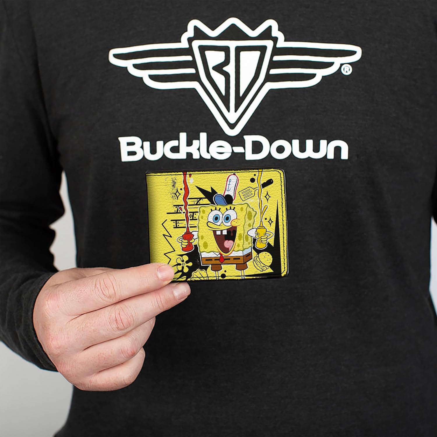 Buckle-Down Nickelodeon Wallet, Bifold, SpongeBob Krabby Patty Condiments Pose Yellow Black, Vegan Leather