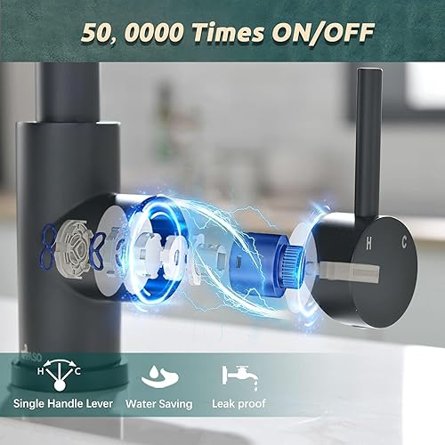 Miniatura 7 de APPASO Grifo de cocina con negro mate extraíble, un solo mango de arco alto cuello de cisne moderno grifo de fregadero de cocina con placa de