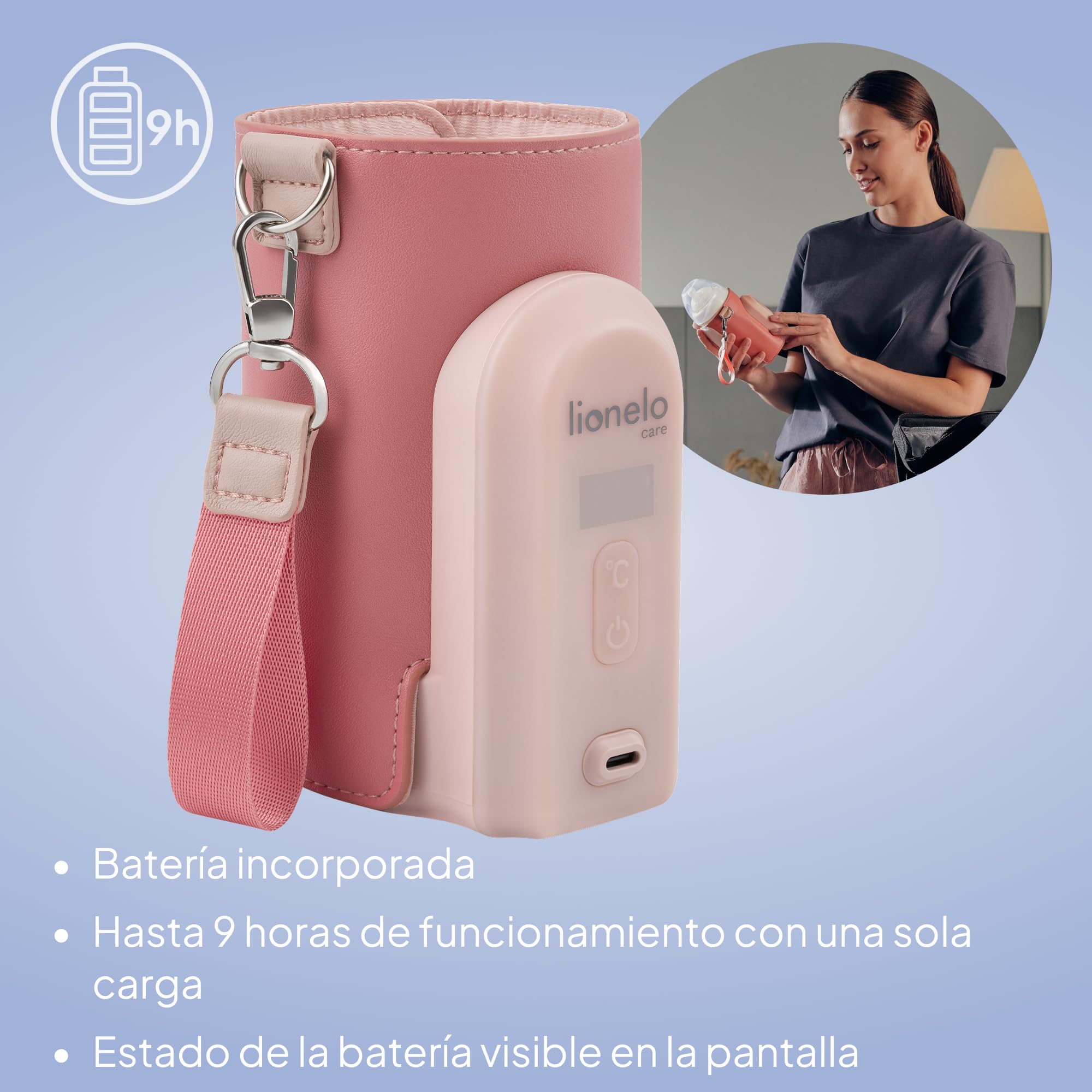 LIONELO Thermup Go Evo Calientabiberones Portátil Para Bebé, Mantiene los Líquidos Calientes, 5 Temperaturas de Funcionamiento de 38 a 50 oC, hasta 9 horas de Funcionamiento Pantalla LCD (Pink) | Rango de 38 a 50 °C, pantalla LCD y hasta 9 horas de funcio