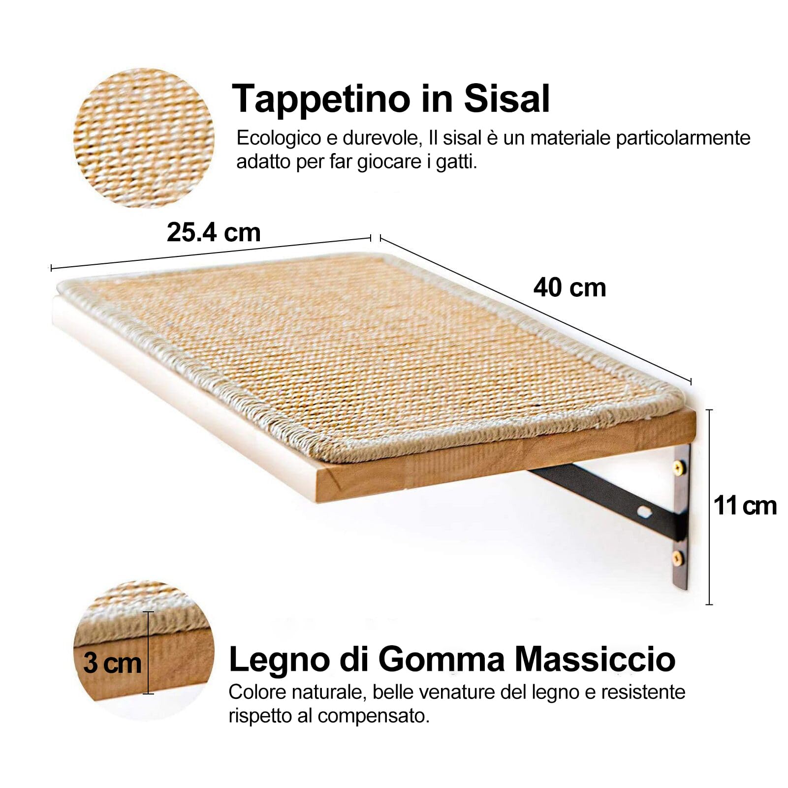 FUKUMARU Mensole da Parete Per Gatti, 40 x 25 cm, Mobili per Gatti a Parete da Arrampicata,Mensola con Tappetino in Sisal, Letto a Parete in Legno Massello di Gomma,per Dormire Giocare e Graffiare.