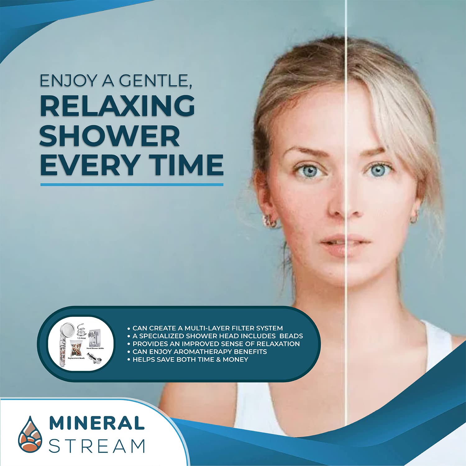MineralStream Kit completo per soffione doccia ionico 2.0 con perline di ricambio + tubo + supporto doccia + deviatore braccio, 3 impostazioni soffione ad alta pressione per capelli secchi e pelle