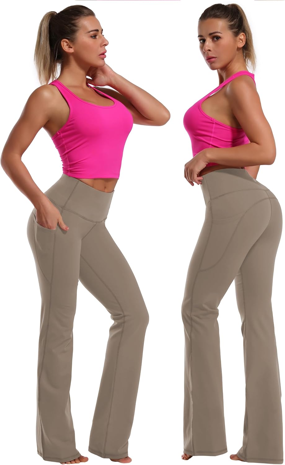 BUBBLELIME 29"/31"/33"/35" 4 Styles Women's Bootcut Yoga Pants Tummy Control - Side Pockets_Dark_Khaki L_31" Inseam - Image 2