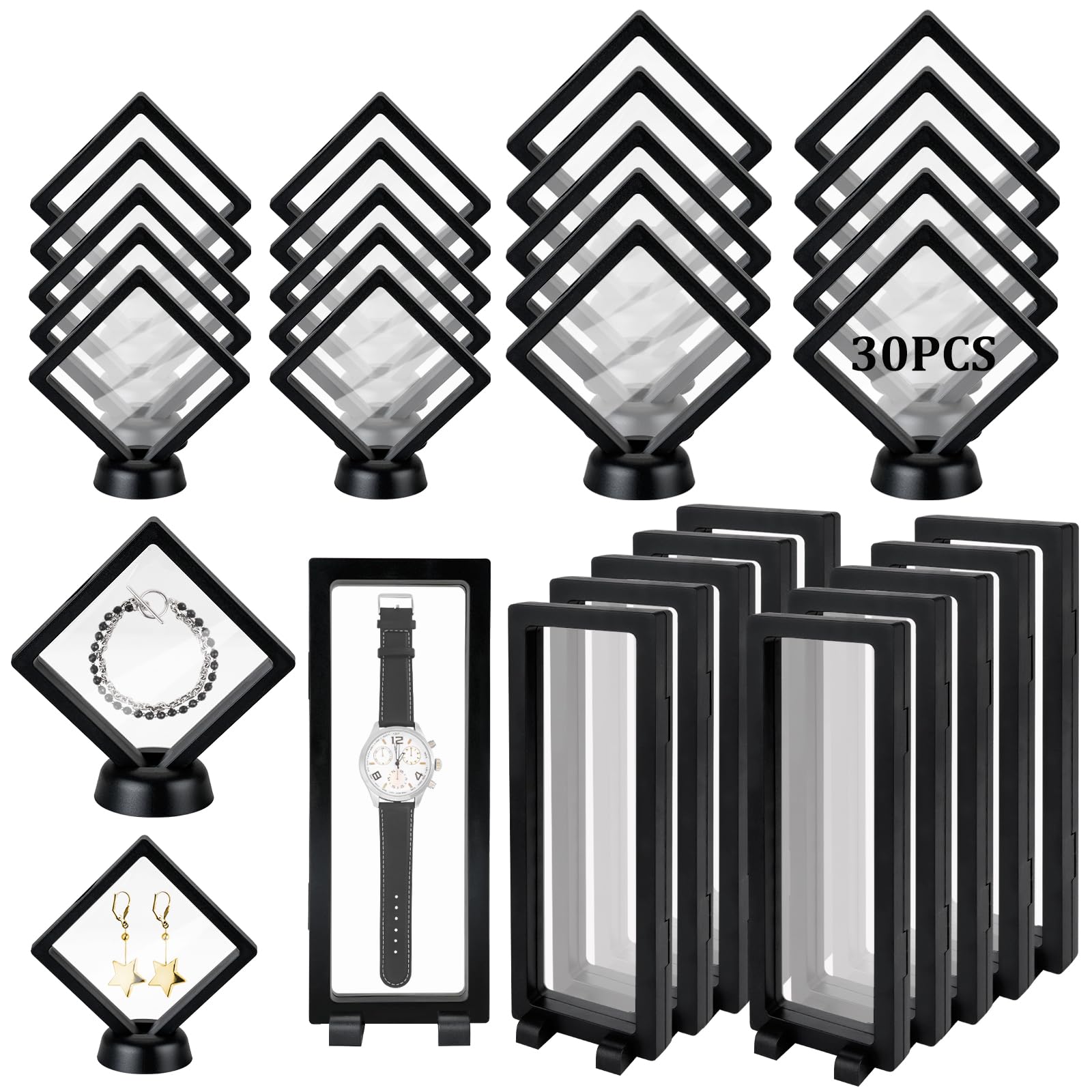 30 PCS Floating Display Case, Challenge Coin Display Stand, 3D Floating Frames Transparent PE Jewelry Storage Box for Medal, Medallion, Stamps(2.75x2.75in, 3.54x3.54in, 9.06x3.54in)