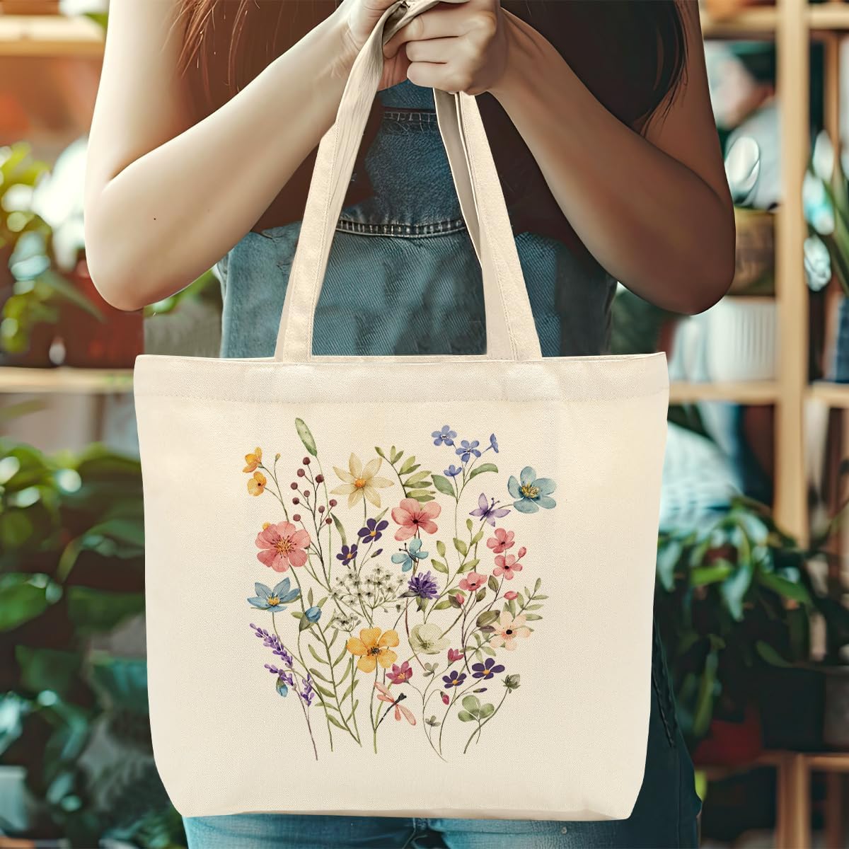 Aesthetic Floral Canvas Tote Bag for Women with Pocket, Tote Bags for Grocery Shopping Travel Christmas Birthday - Image 2