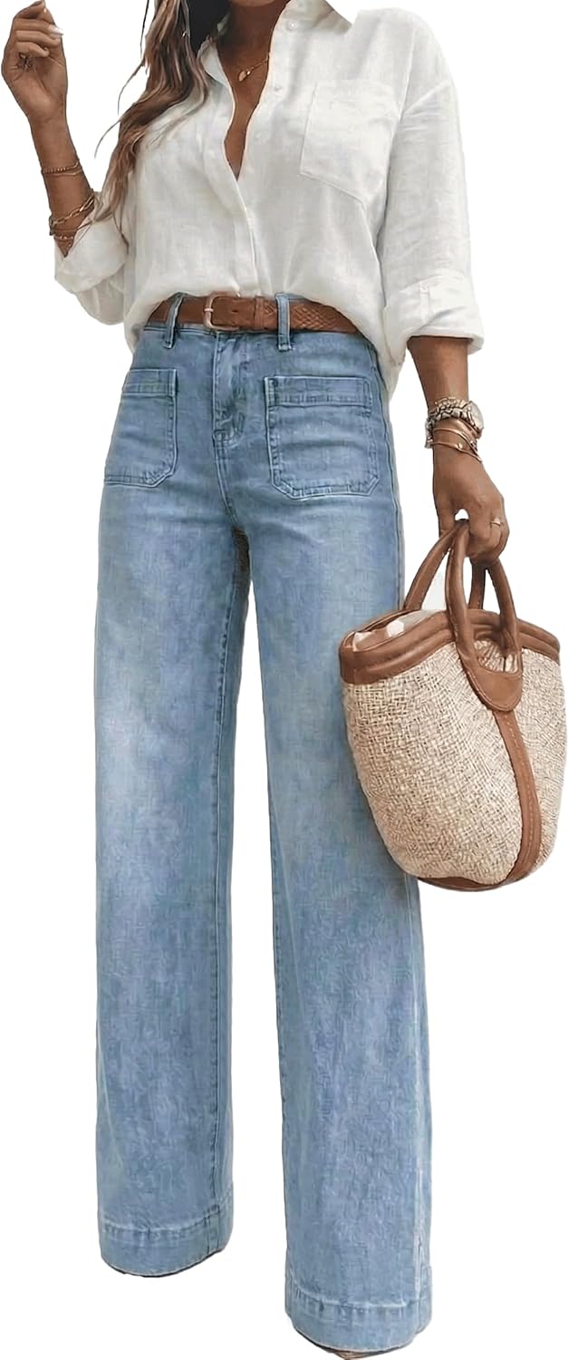Women's High Waisted Wide Leg Jeans with Retro Patch Pockets Stretchy 70s Vintage Loose Denim Pants for Summer Vacation