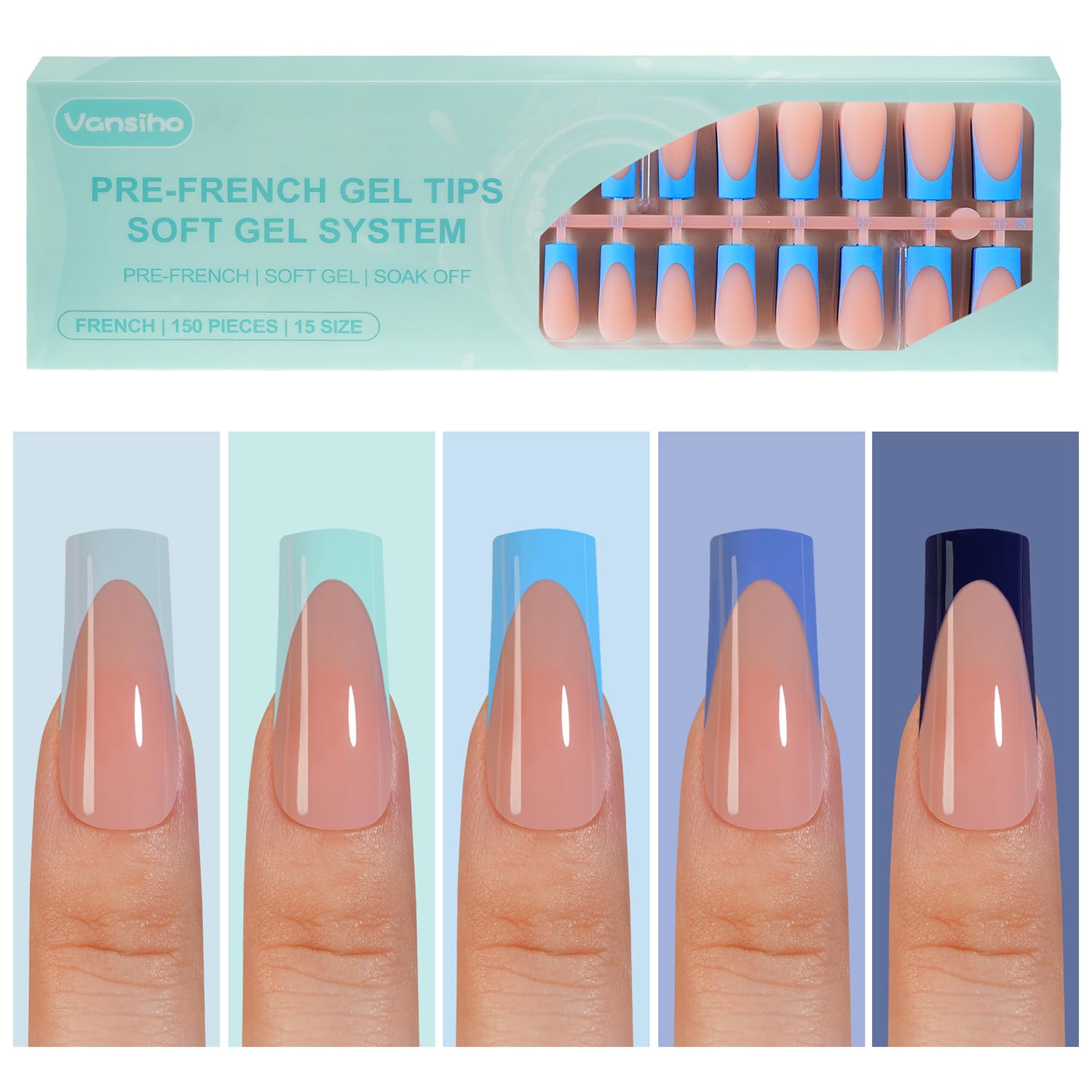 150Pcs French Gel Nail Tips, Vansiho Long Square Nail Tips, Blue Pre-French Tips Press on Nails, Soak Off Soft Gel Acrylic Fake Nails for Nail Art DIY
