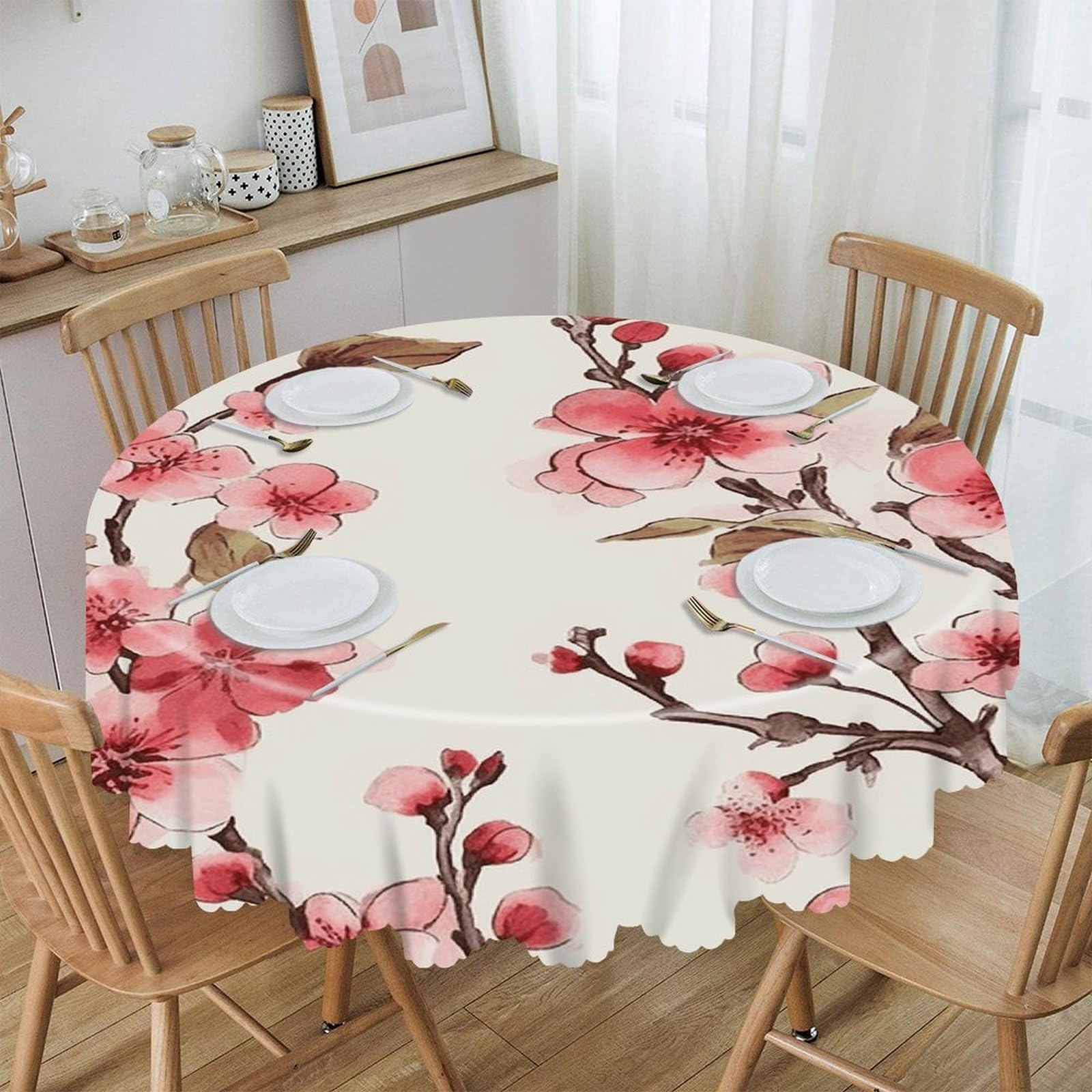 VstaDank Cherry Blossom Round Tablecloth Premium Polyester Table Cloth Heavy Duty Washable Fabric Tablecloth Waterproof Holiday Table Cover Decorative Tablecloths for Dining 60"