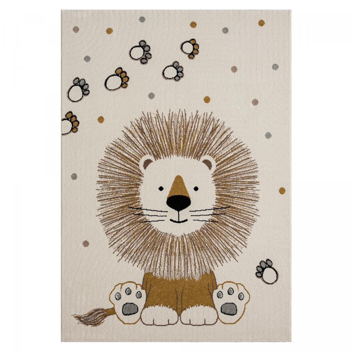 Tapis Enfant Couloir, 120 X 170 Cm, Écru, Motif Lion Empreintes Pois, Tissé en Turquie Poils Ras, Style Doux pour Chambre, 9598