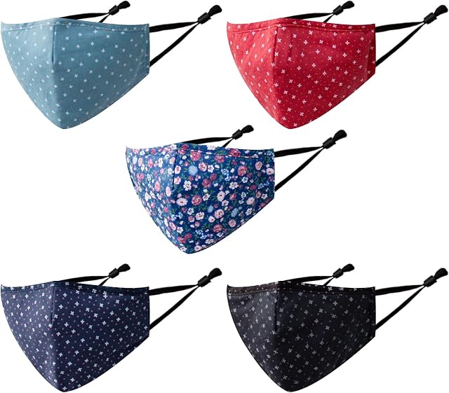 Face Cotton Mask Washable UK, 5 Pack Adjustable Breathable Funky Fabric, 3D Designer Material Facial Cover