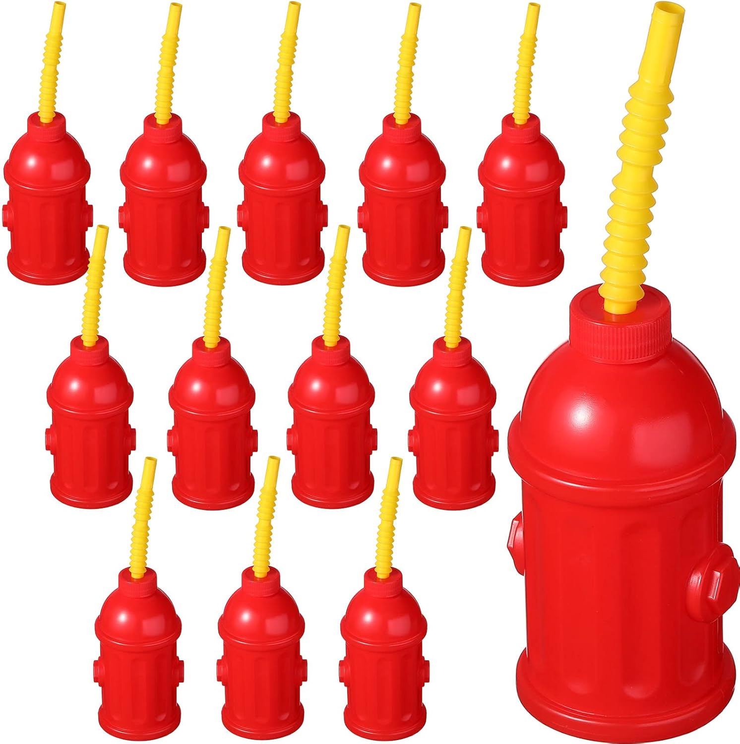 Sratte 24 Pcs Fire Hydrant Straws Cups with Lids Firefighter Birthday Party Favors Red Plastic Fire Hydrant Supplies Cups Firetruck Fireman Party Decorations