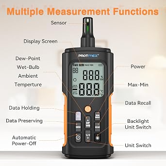 YT606 Temperature Humidity Meter High Precision Digital Hygrometer with Ambient, Relative Humidity, Dew Point, Wet Bulb Thermometer for Indoor Outdoor, Digital Thermometer Min/Max Hold, LCD Backlight