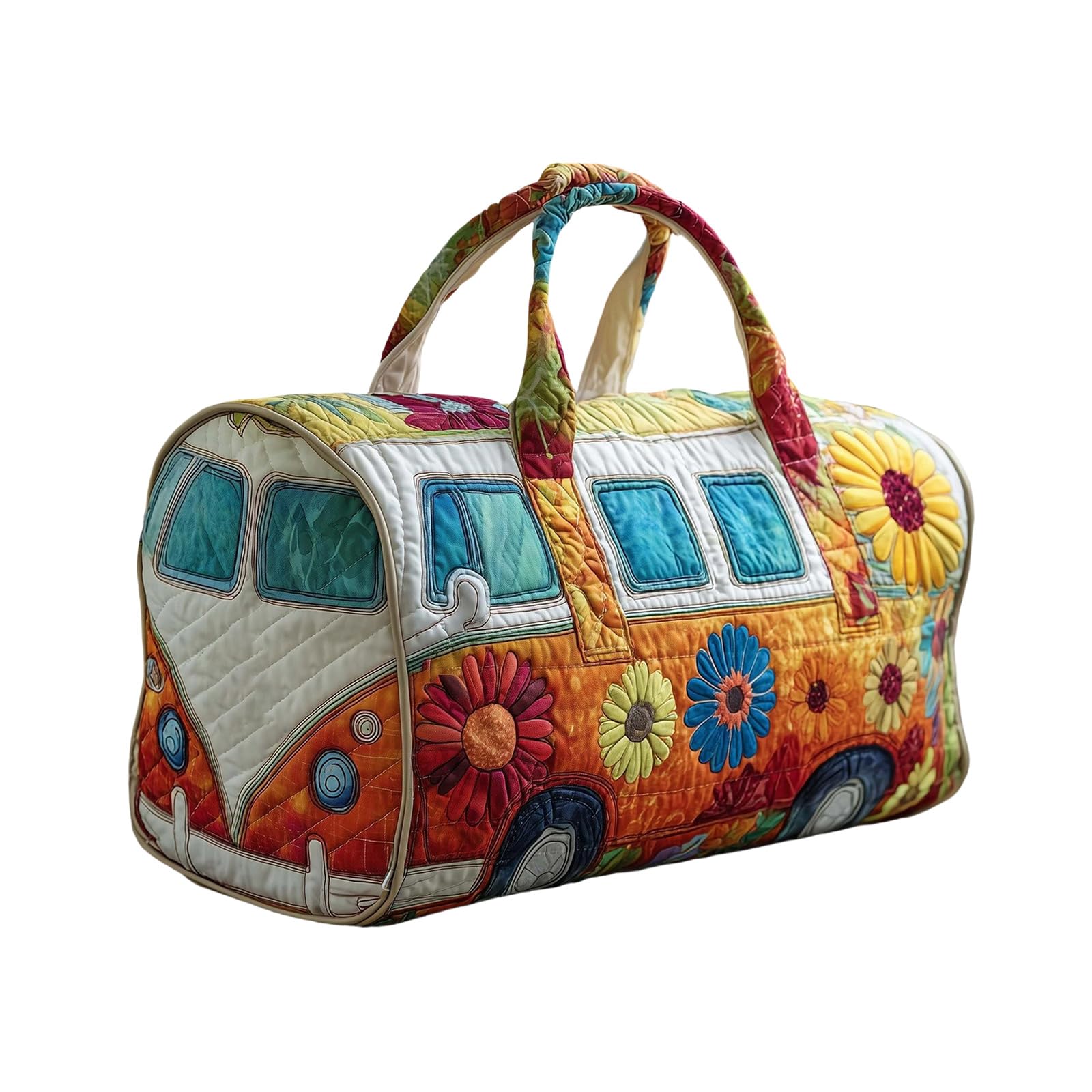 Hippie Van Quilted Duffle Bag, Hippie Quilted Duffle Bags,Retro Style for Everyday Travel,Car Print Travel Gym Tote,Boho Travel Weekender Bag for Women 16 * 8 * 8in A21