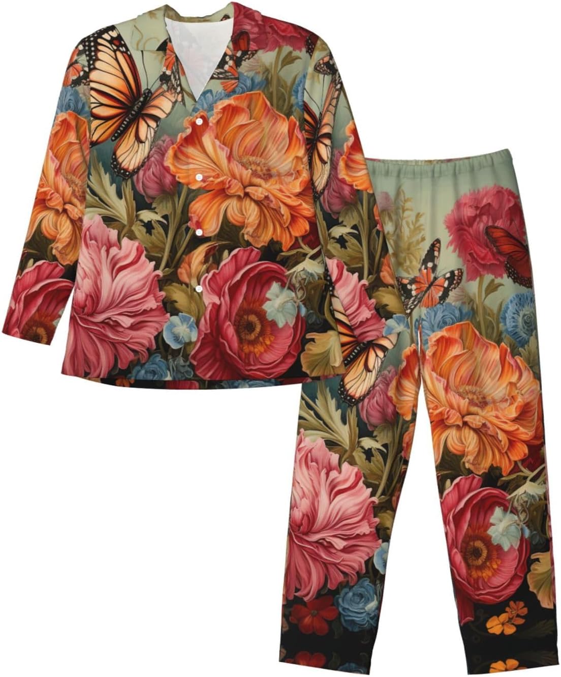 Flowers And Butterfly Print Luxurious Mens Pajamas Set,Breathable Pajamas Set,Perfect For Lounging Bed,Sofa
