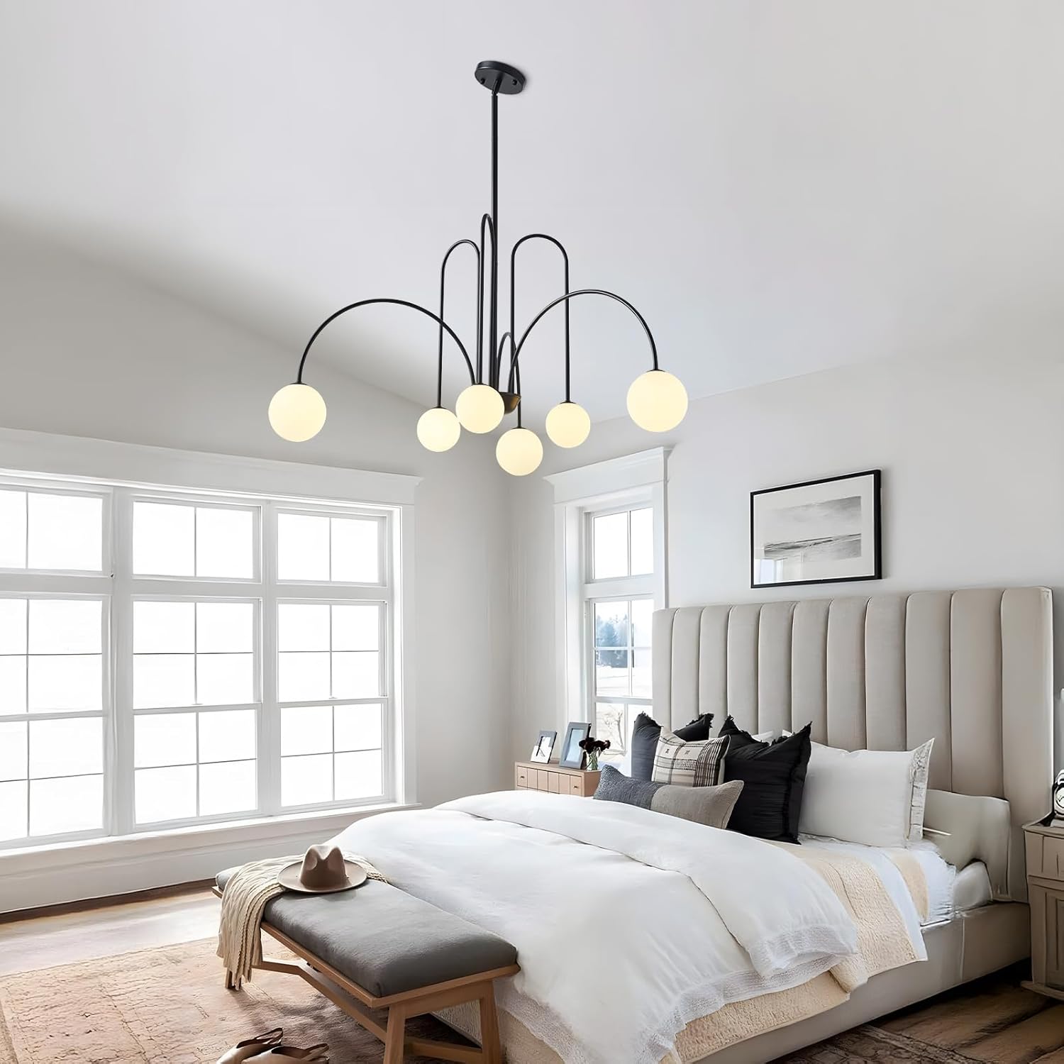 Modern Black Sputnik Chandelier 6-Light Mid Century Chandelier for Dining Room with Milky Glass Globe Ceiling Pendent Light Fixture for Living Room Kitchen Island Foyer Bedroom