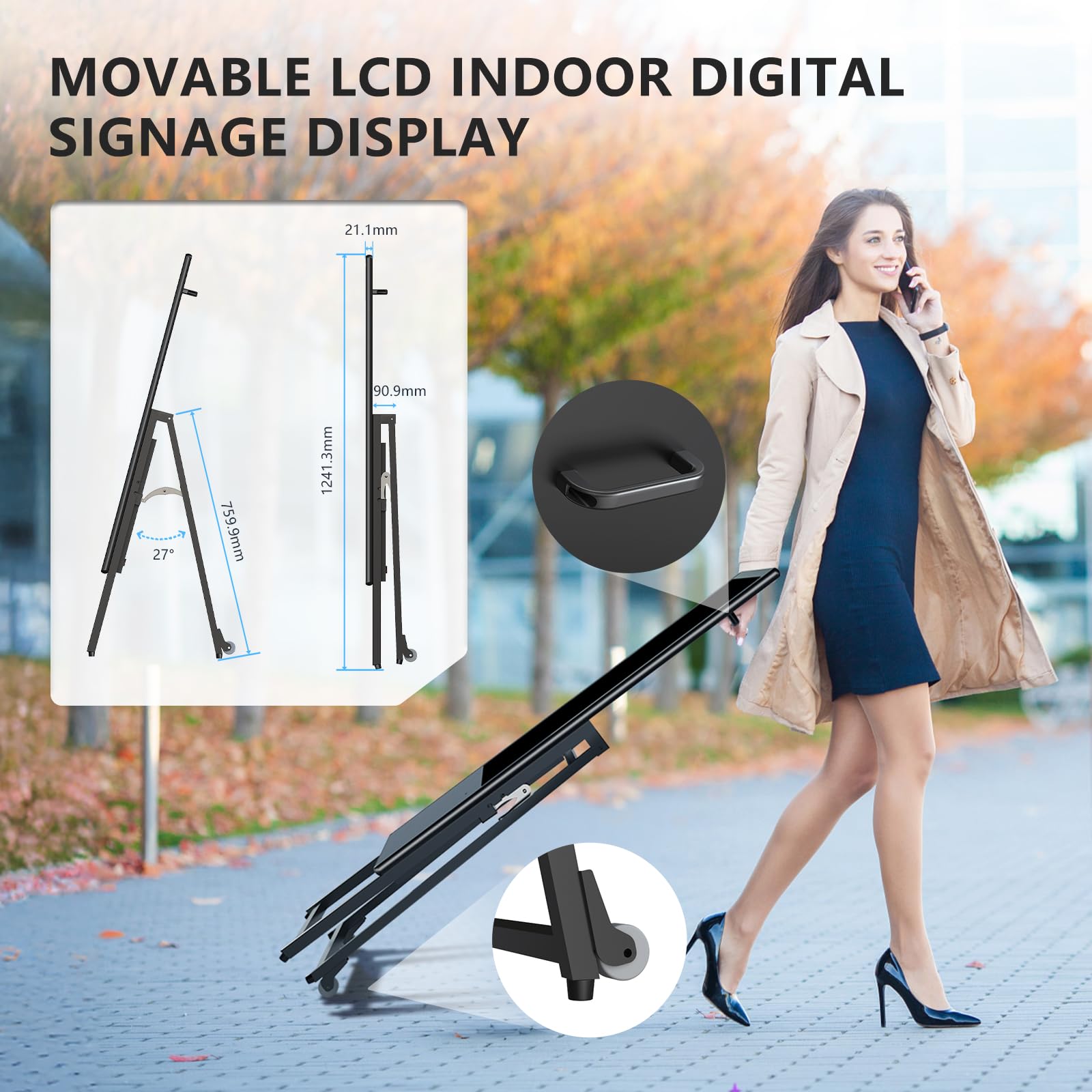 MWE 32 Zoll Innenbereich Digitaler Kundenstopper, LCD Werbedisplay Digital mit Rollen, Tragbarer Digital Signage, Geeignet für Einkaufszentren, Restaurants, Hotels, Produktpräsentationen