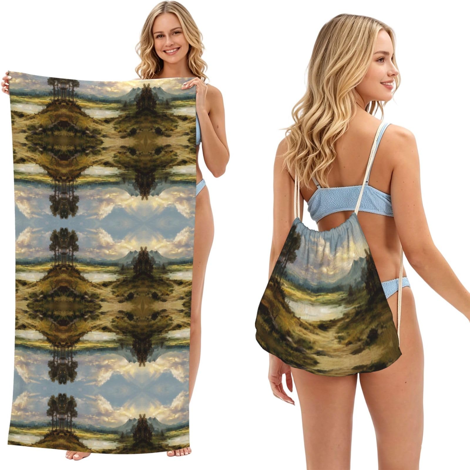 EZDLOWVBA Landscape Print Beach Towel Backpack 2 In 1 Summer Large Lightweight Beach Towel - Multifunctional Ship Pattern Towel Bag For Storage,Sport