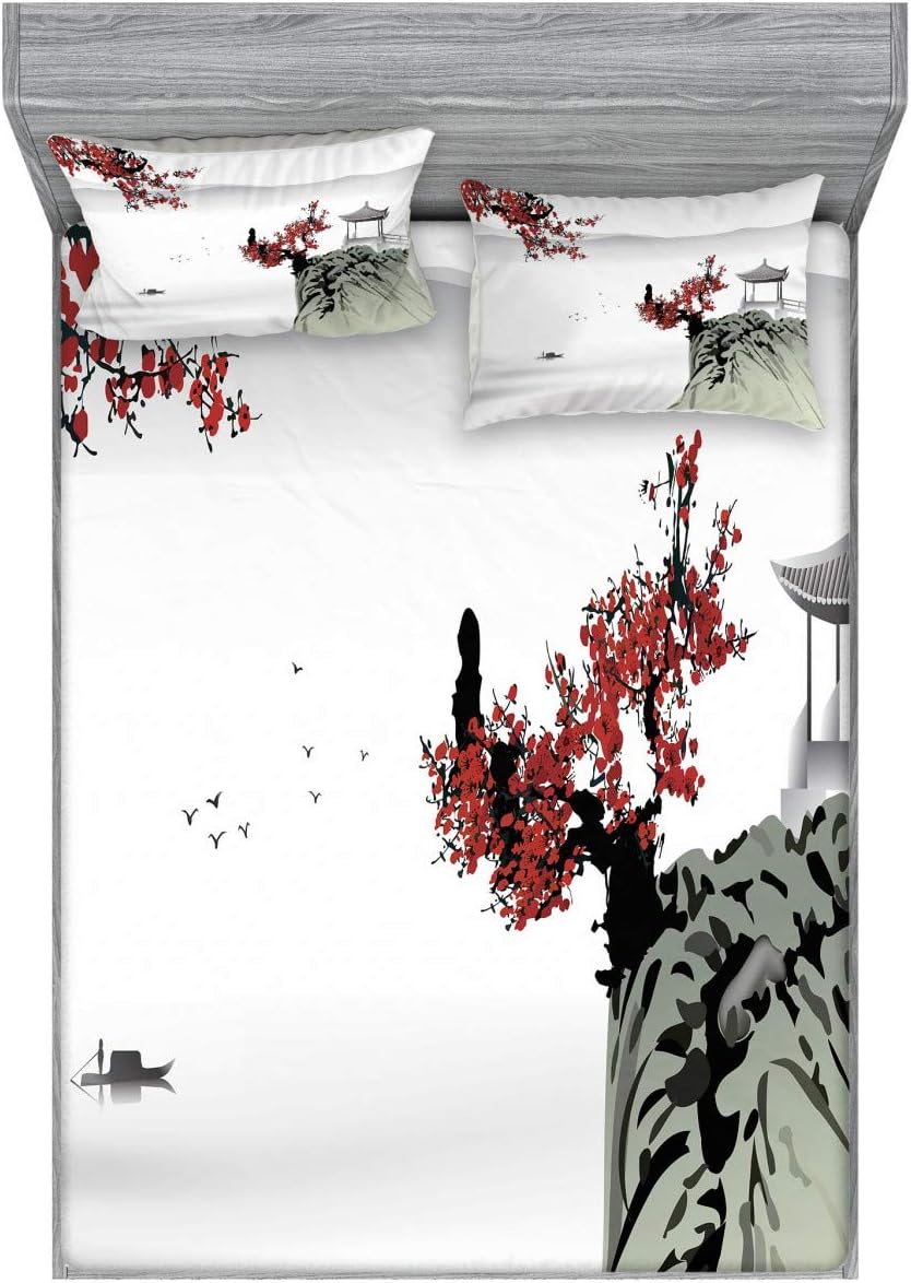 Ambesonne Asian Fitted Sheet & Pillow Sham Set, River Scenery Cherry Blossoms Boat Cultural Hints Mystical View, Decorative Printed 3 Piece Bedding Decor Set, Full, Ruby Pale Grey