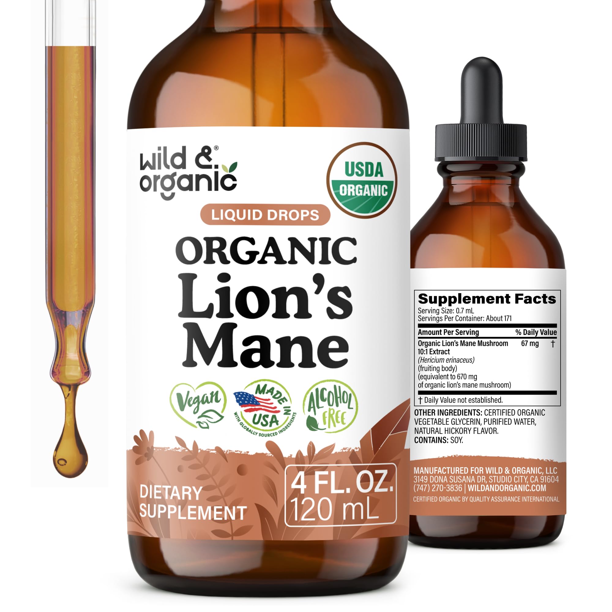 USDA Organic Lions Mane Liquid Drops - Brain & Focus Support - 4 fl oz
