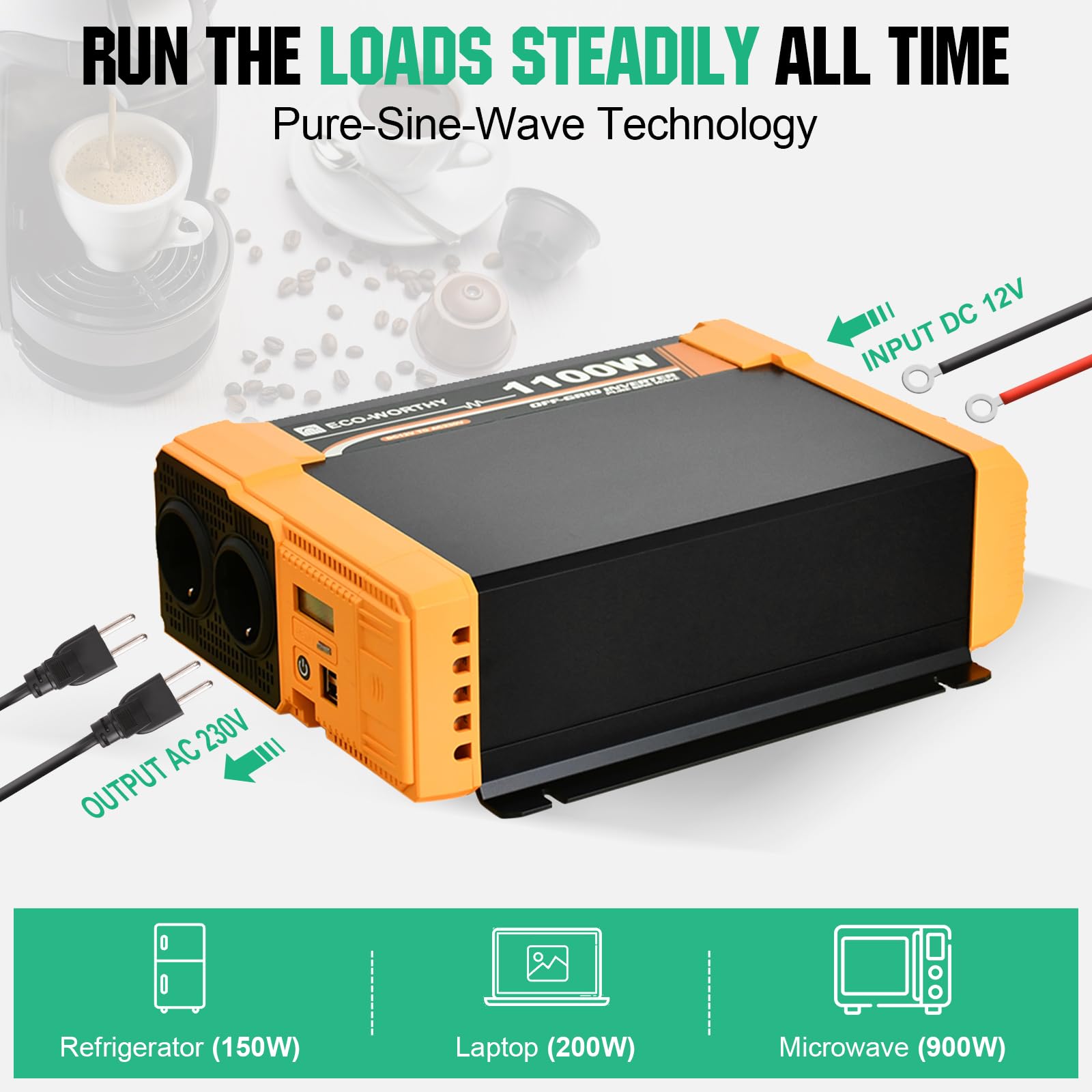 ECO-WORTHY Inverter da 12 V a 230 V sinus puro, convertitore di tensione da 1100 W, connettore USB Dual 18 W, 2 prese AC, 1 morsetti hardwire e 1 fusibile da 100 A, ECO1100W(BB)