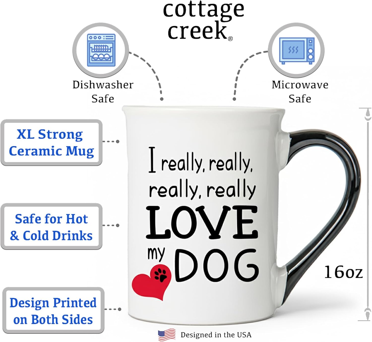 Cottage Creek Coffee Cups | I Really, Really Love My Dog 16oz Ceramic Coffee Mug | Ideal I Love My Dog Gifts for Women, Men | Funny Gifts for Mom, Dad, Girlfriend, Boyfriend - Image 3