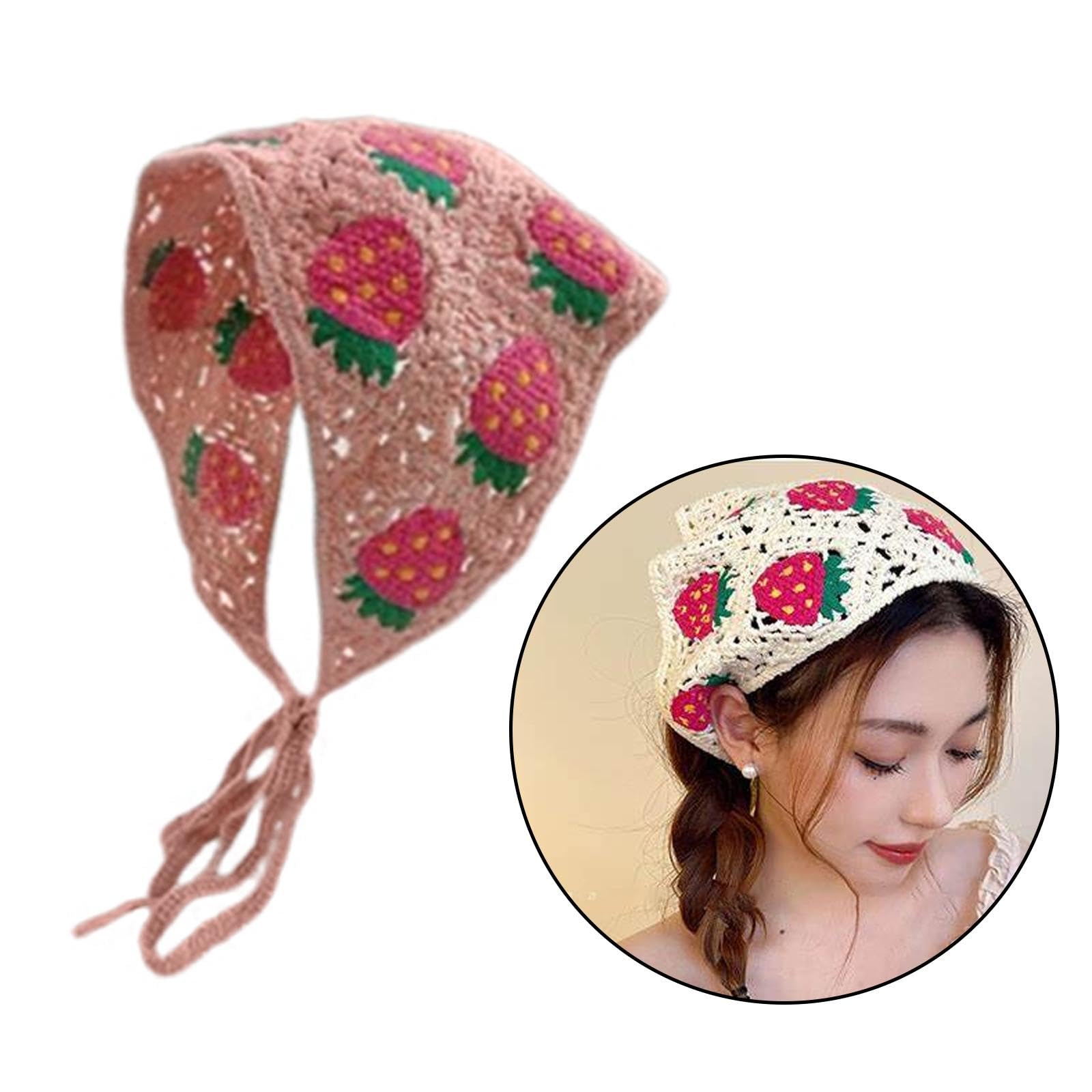 Deevoka Women Crochet Bandana Stylish Cute Decoration Vintage Styling Decor Hair Scarf, Pink Strawberries