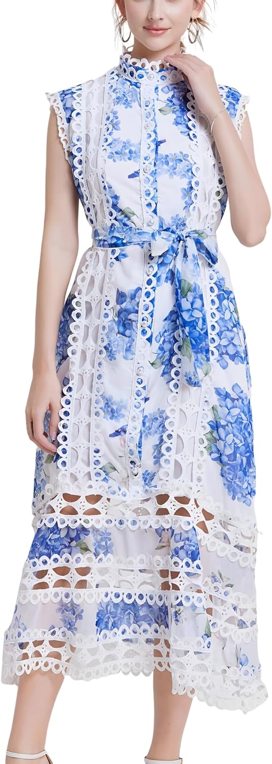 Women Lace Hollow Out Dress Party Midi Casual Sleeveless Button High Neck Dresses with Belt