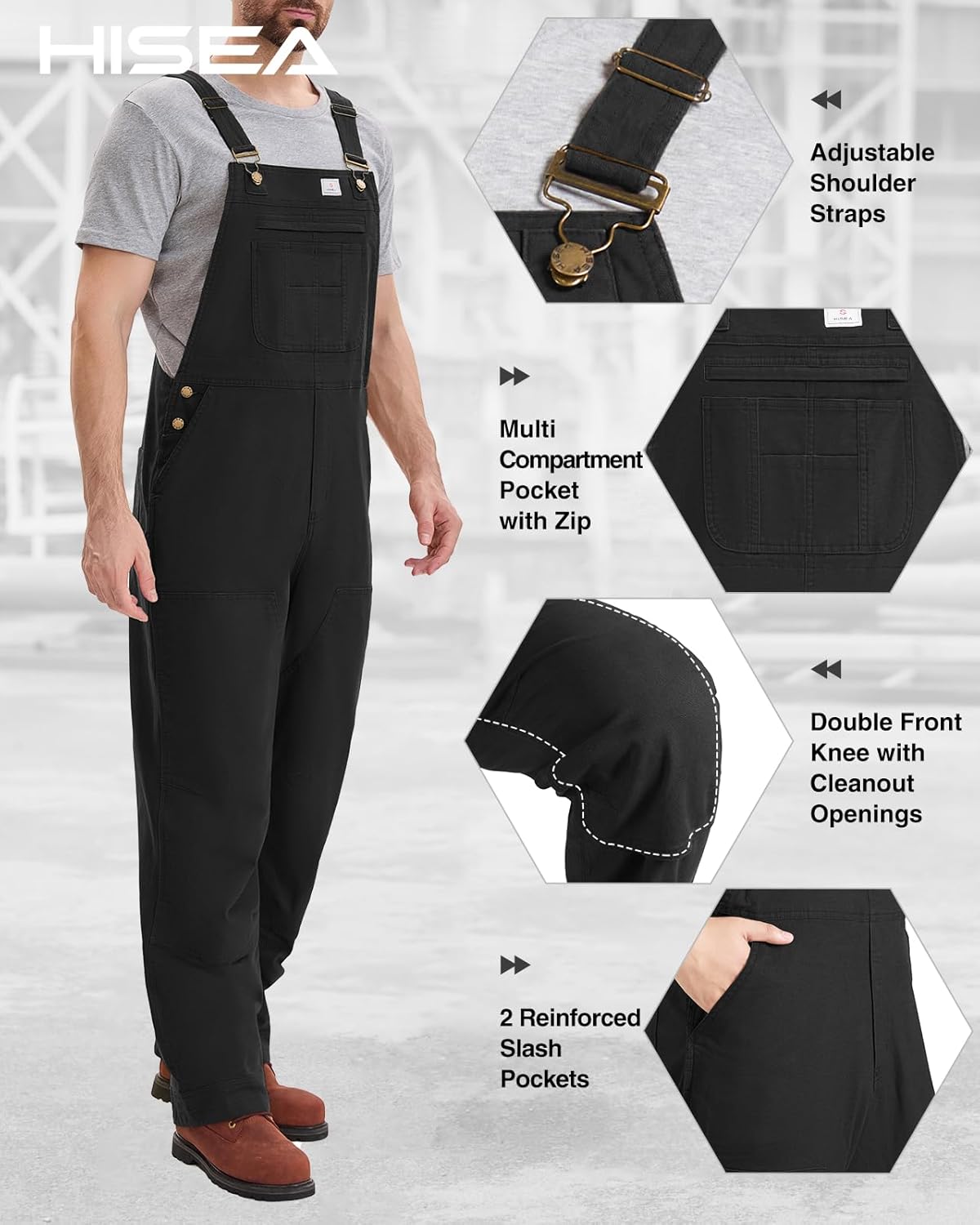 HISEA Flex Canvas Overalls for Men, Bib Work Double Knee Stretch Overall, Relaxed Fit Lightweight Workwear with Pockets - Image 4