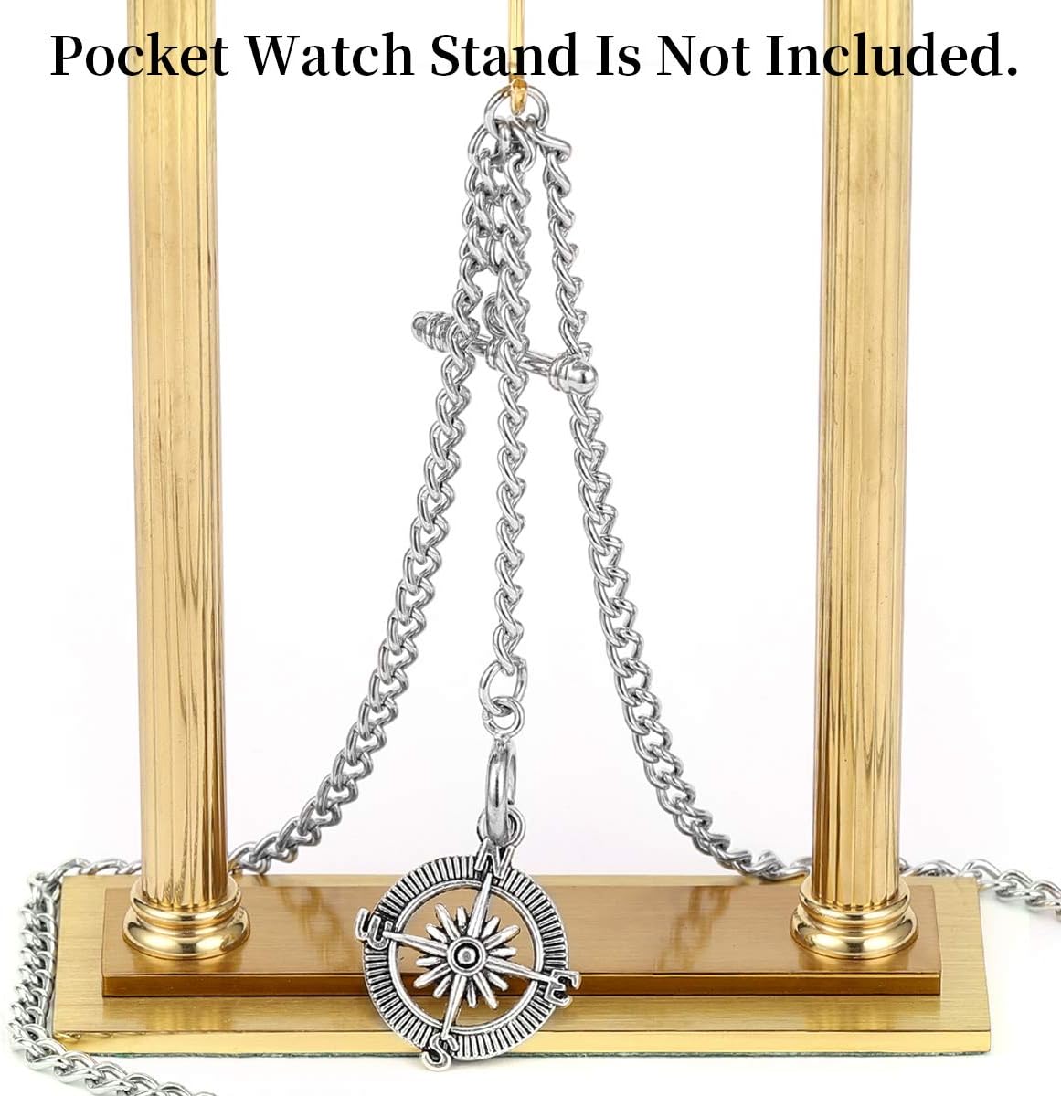 ManChDa Double Albert Chain Pocket Watch, Curb Link Chain 3 Hook Antique Plating Shield Design Fob T Bar for Men Silver with Compass