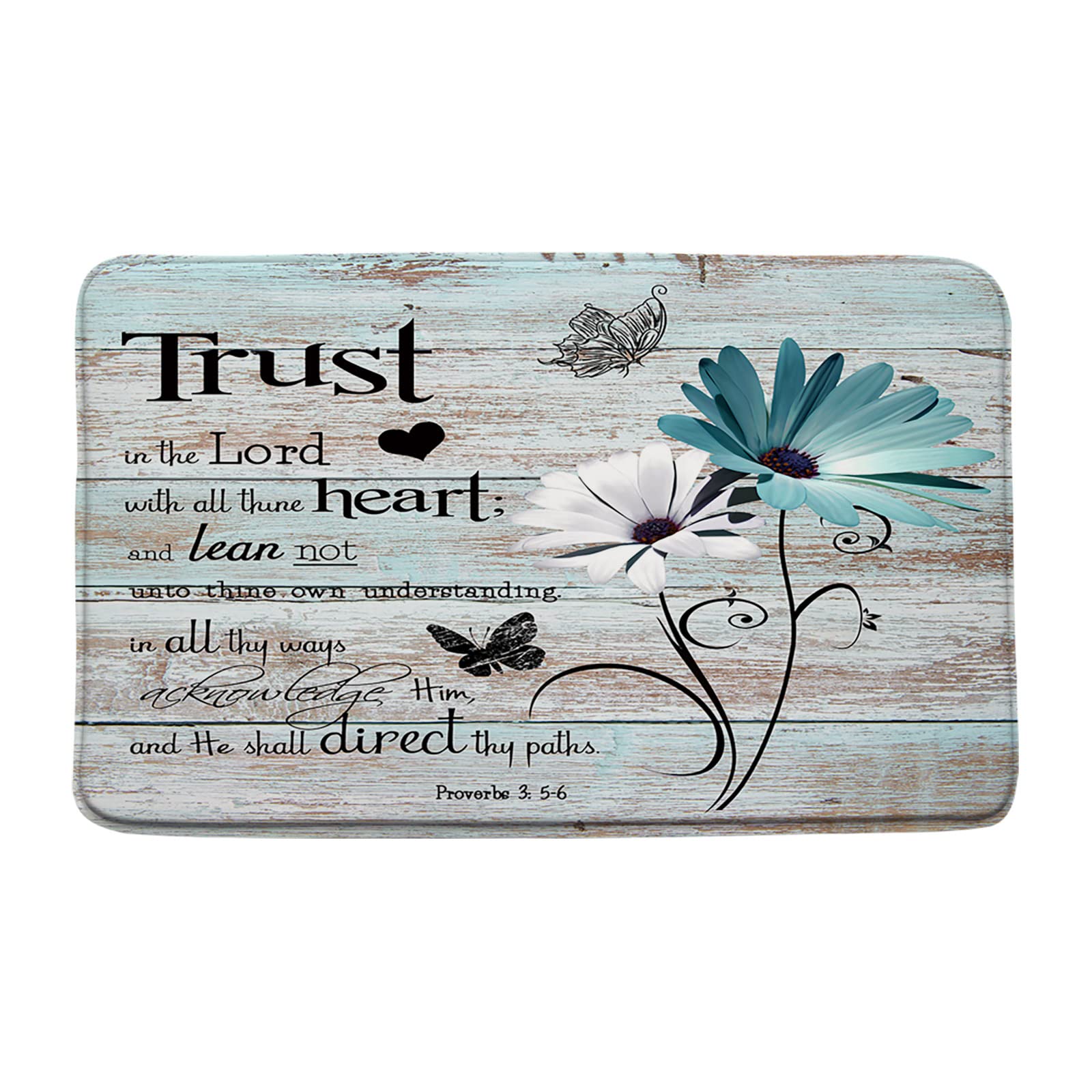 DSMEUE Inspirational Quote 2 Pieces Bath Mat Sets,Rustic Teal Floral Wooden Board Trust in The Lord Motivational Vintage Bathroom Kitchen Rugs,16