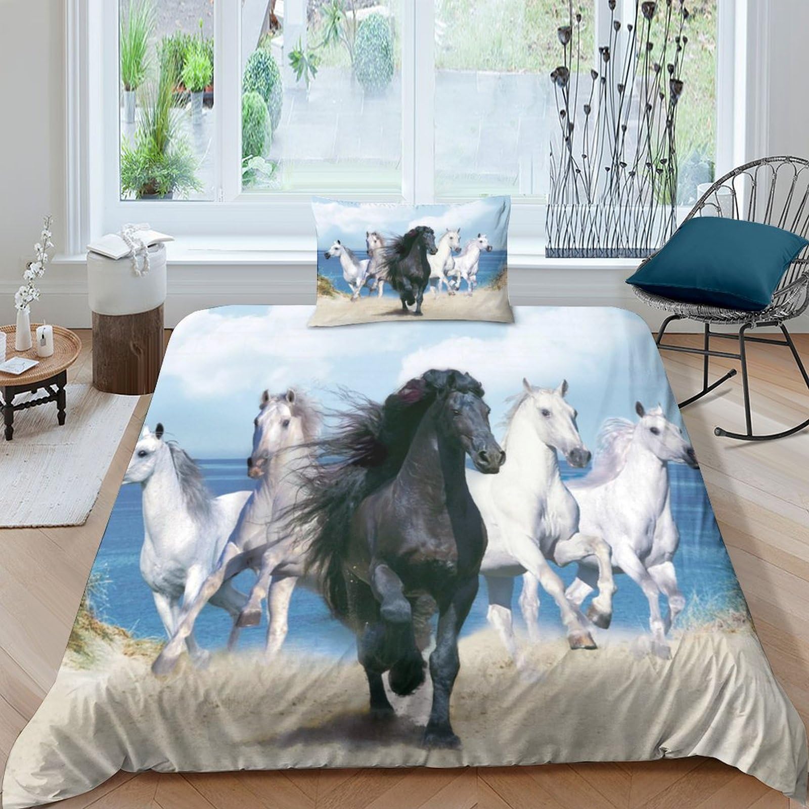 Housse de couette cheval 3D noir et blanc 135x200 cm avec taies d'oreiller pour lit single