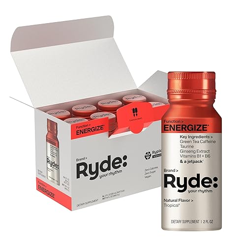 Ryde Energize Shot  Sabor tropical  Té verde cafeína, taurina, extracto de ginseng y vitaminas B  0 calorías, 0 azúcar, 2 inyecciones de onzas