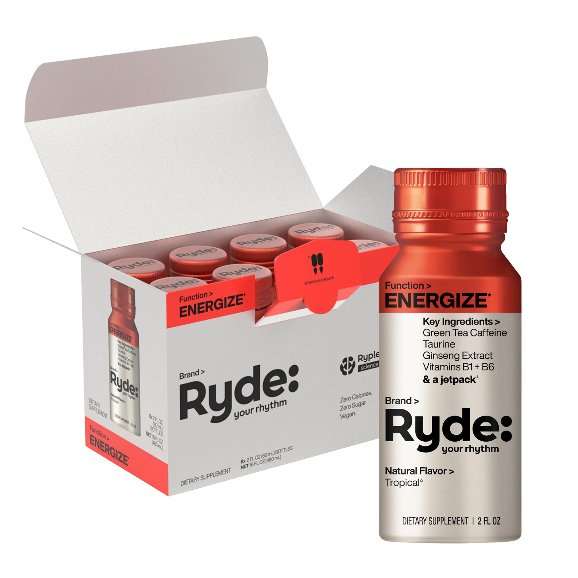 Ryde: Energize Shot | Tropical Flavor | Green Tea Caffeine, Taurine, Ginseng Extract & B Vitamins | 0 Calories, 0 Sugar | 2 FL OZ Shots | Boosts energy* (8 Pack)