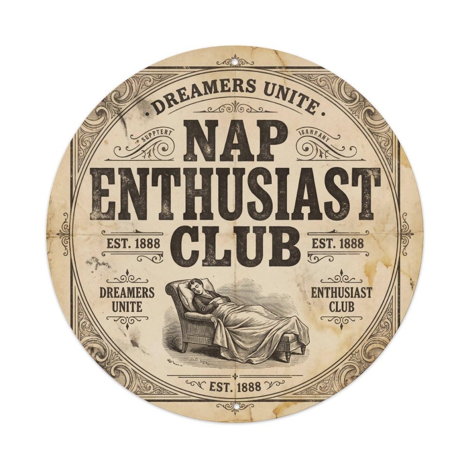 Olhnbad Style Nap Enthusiast Club Moon Cat Letterpress Quote Metal Tin Sign