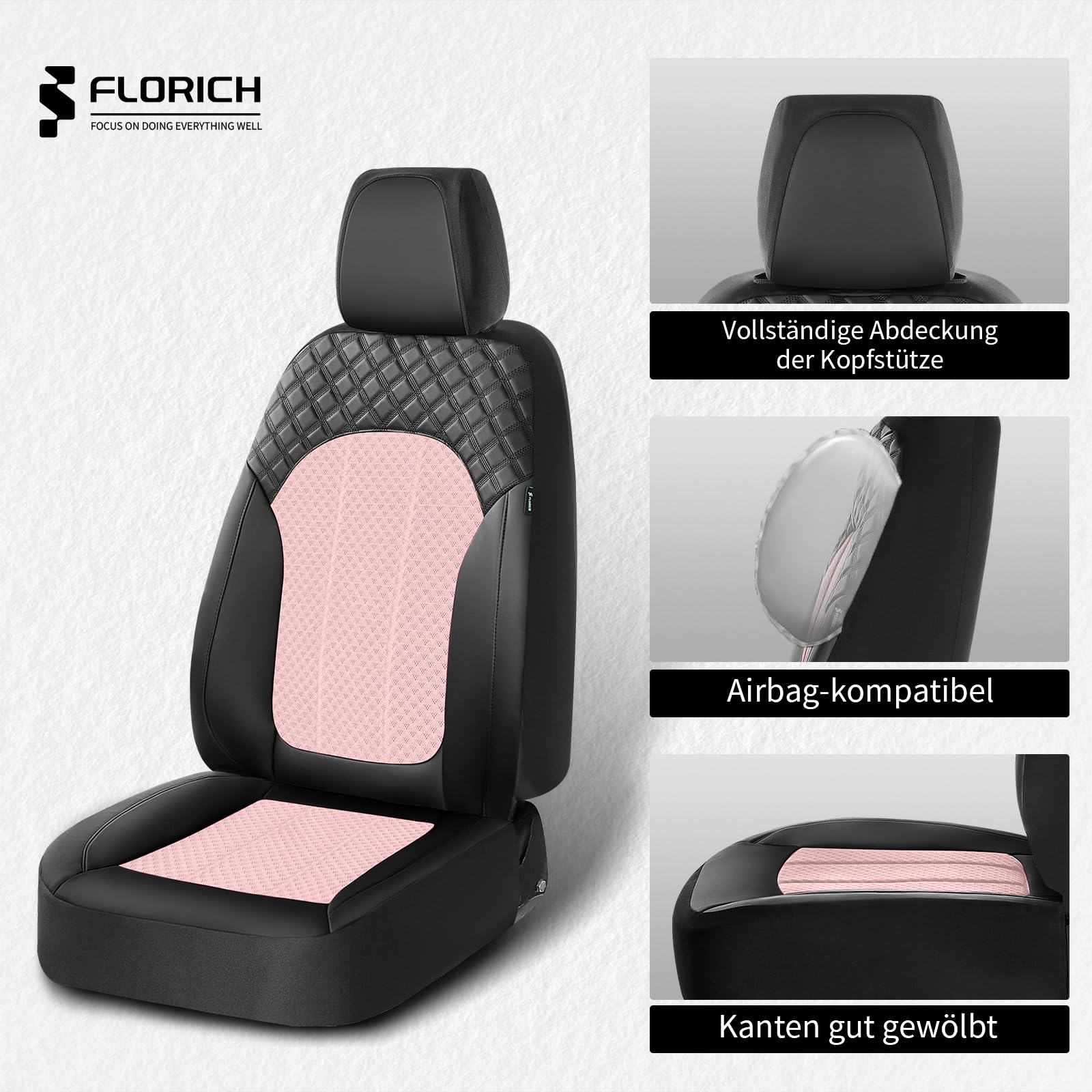 FLORICH Juego Completo Asientos de Coche, Fundas de Cuero Sintético con Malla Transpirable, Fundas Universales aptas para la Mayoría de Turismos, SUV y Camiones (Juego Completo, Negro&Rosa)