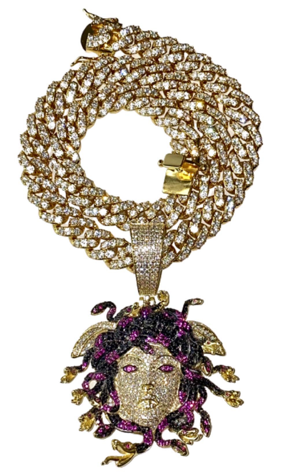 Medallion Medusa Iced Miami Cuban Chain Necklace Choker Chain 12mm 20 inches long, 14k Gold Finish C